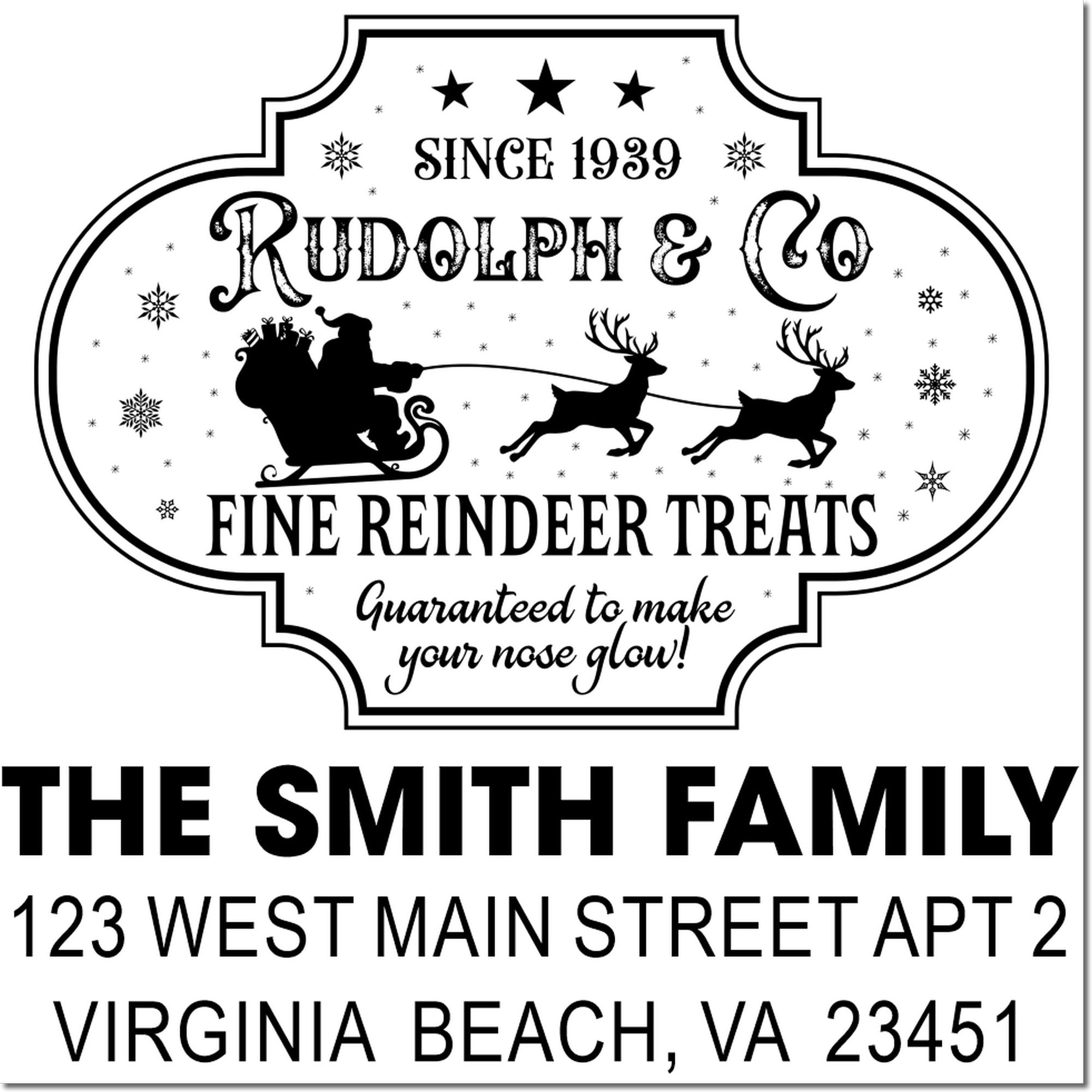 Custom holiday return address rubber stamp with Santa sleigh, reindeer, and Rudolph & Co design