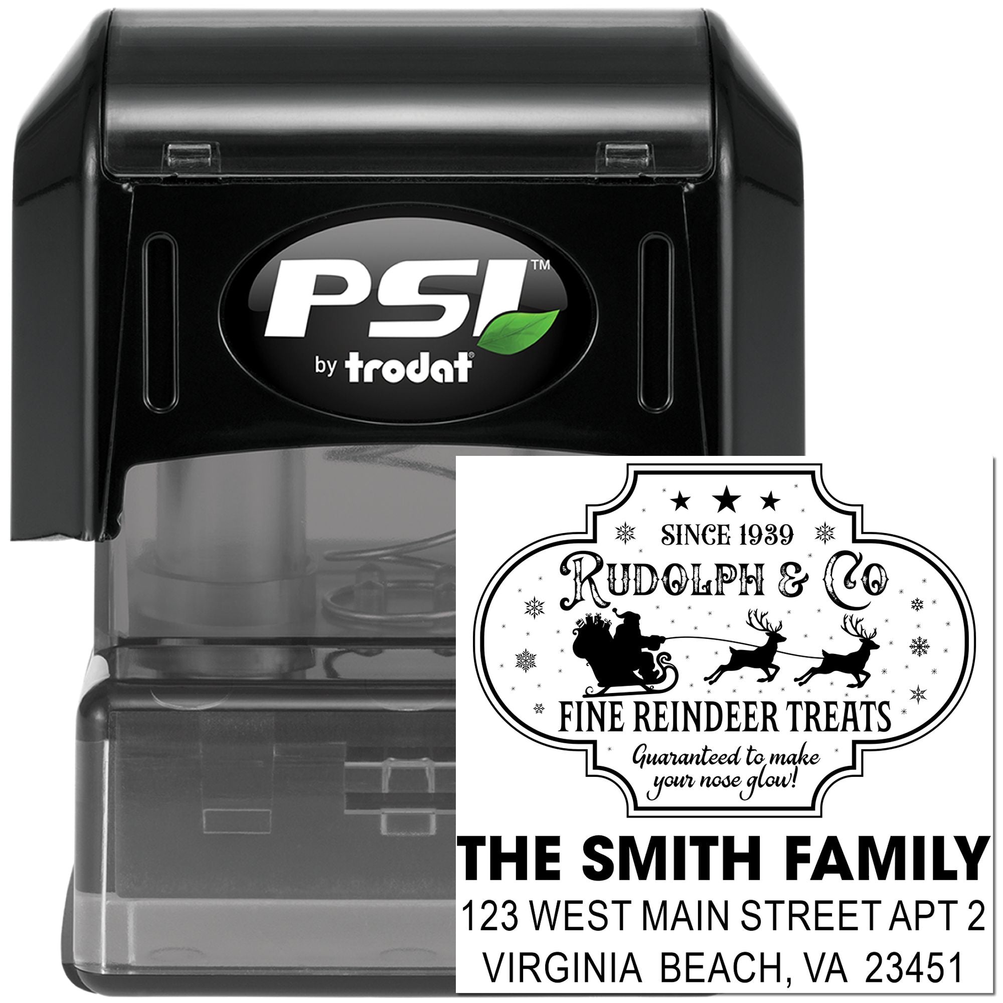 PSI by Trodat self-inking rubber stamp with custom holiday return address design for The Smith Family, Virginia Beach address stamp