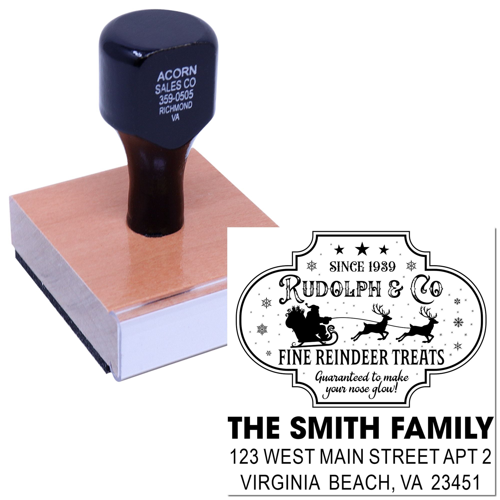 Custom holiday return address rubber stamp with Santa and reindeer design for personalized Christmas cards and family mail.