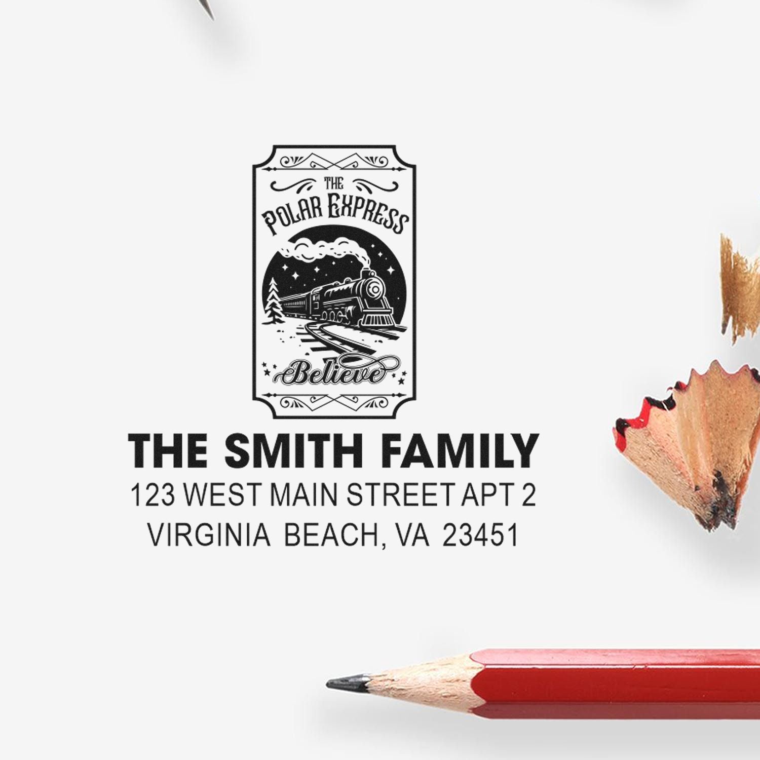 Custom Polar Express family return address rubber stamp with The Smith Family, Virginia Beach, VA.