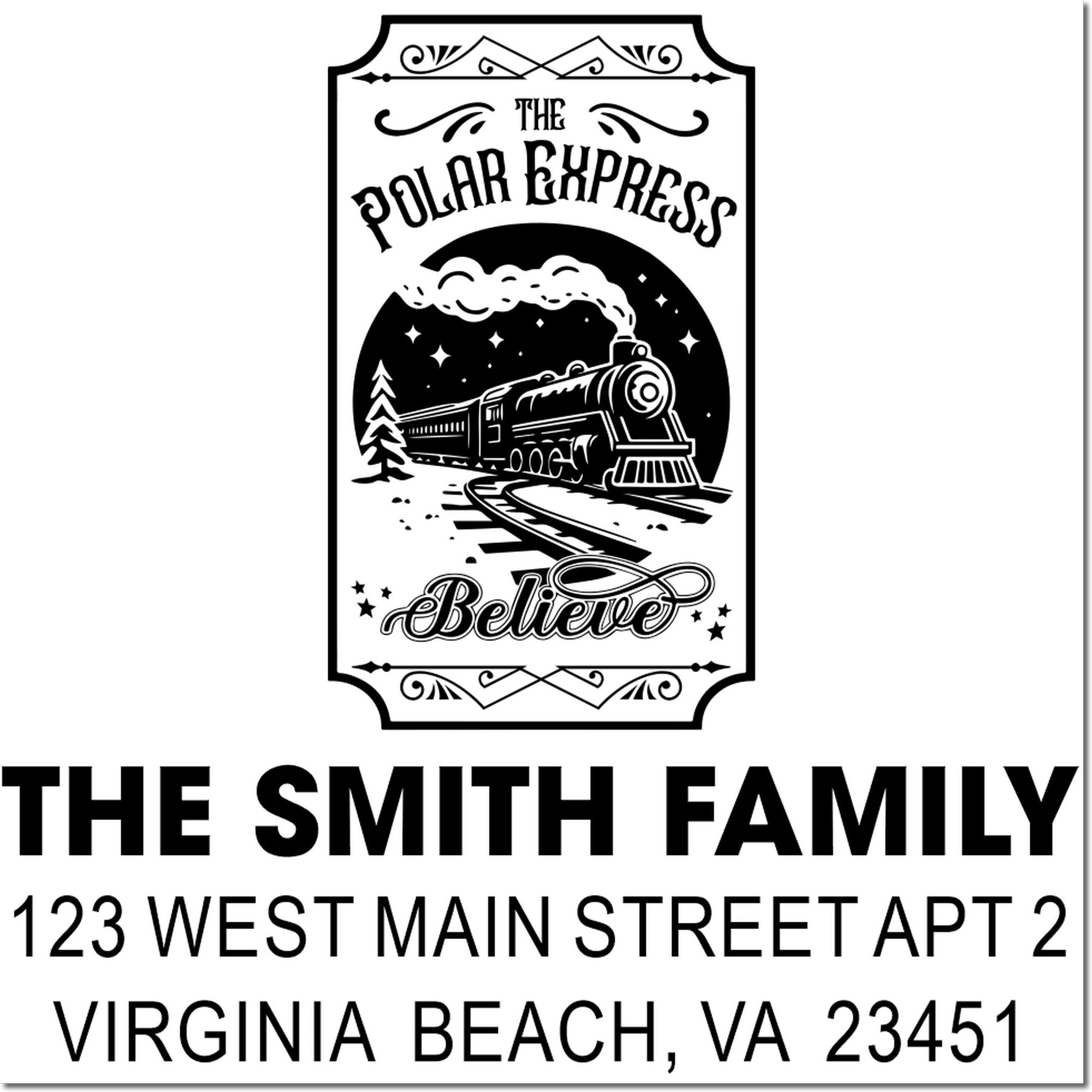 Polar Express personalized rubber stamp design with train illustration, The Smith Family return address, holiday mailer layout.