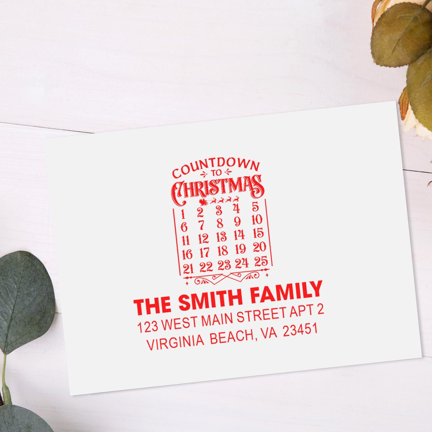 Custom Christmas return address rubber stamp with countdown calendar for holiday cards and envelopes.