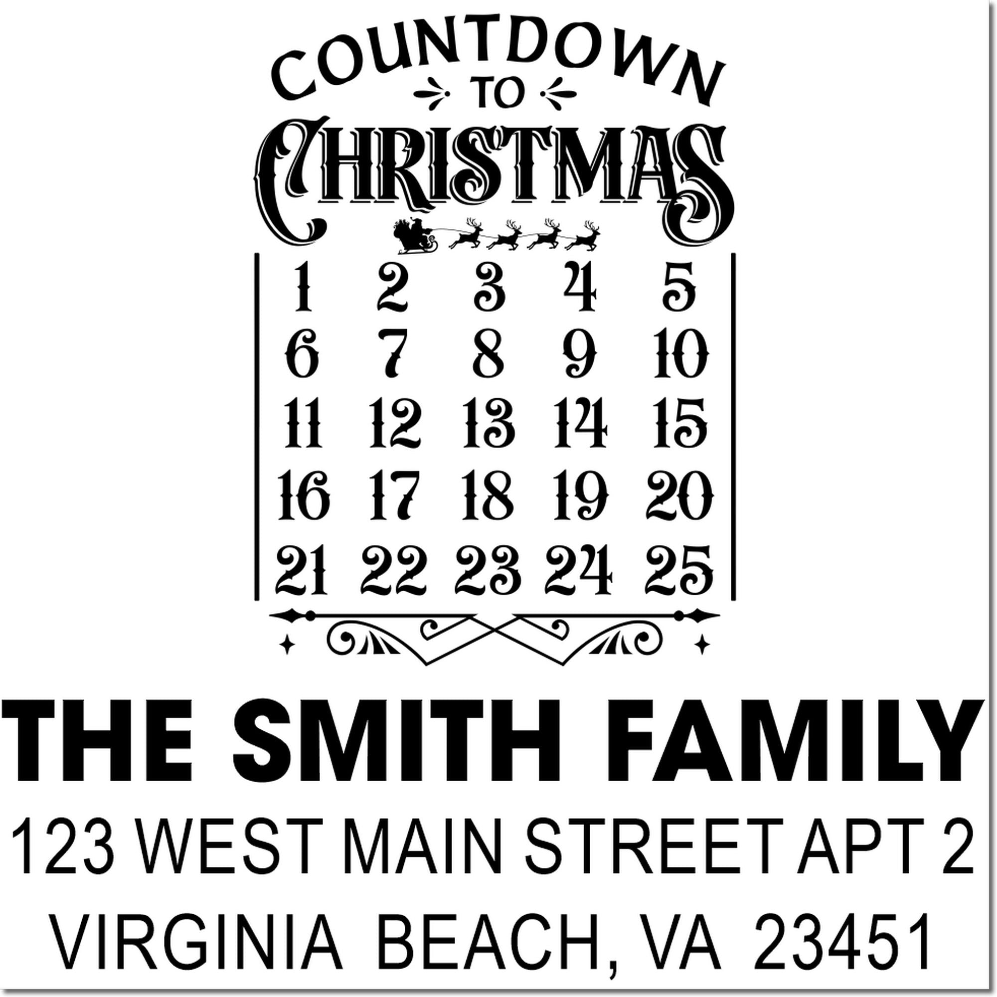 Personalized countdown to Christmas rubber stamp with family name, return address, and holiday card design.
