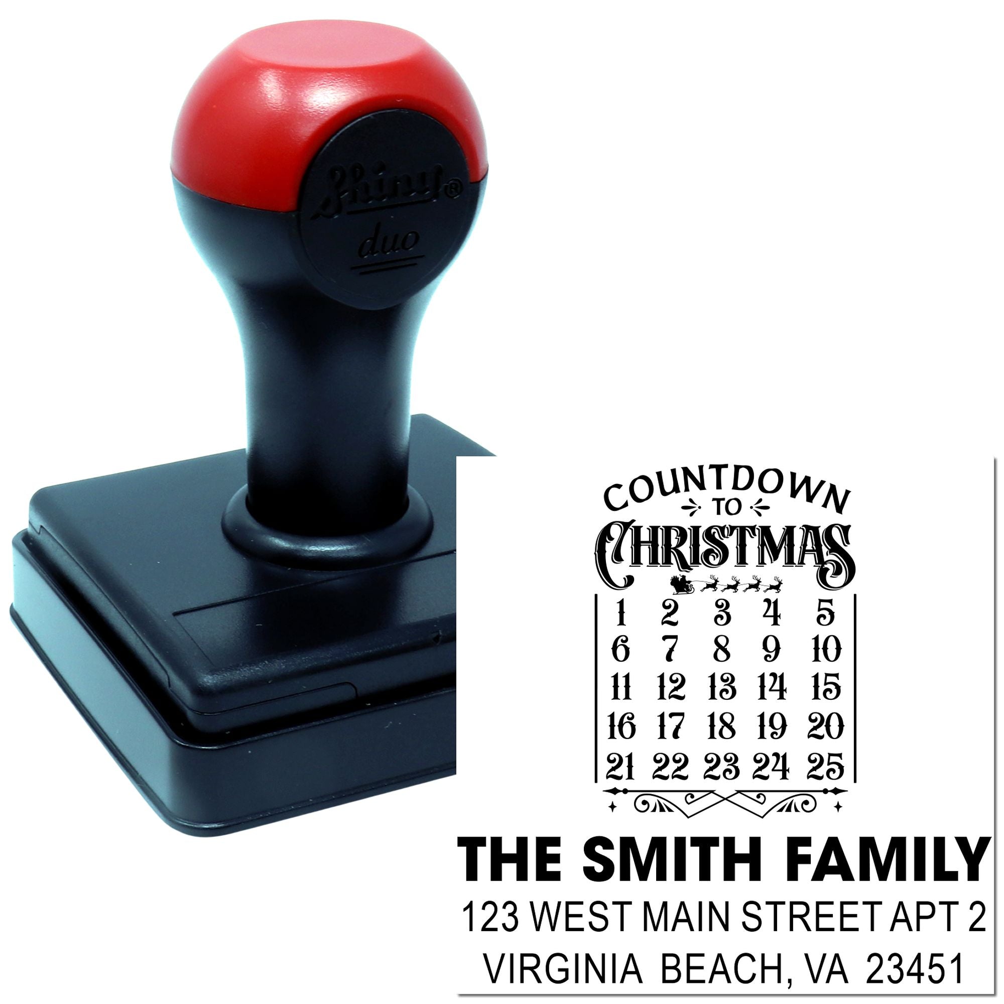 Custom rubber stamp with Countdown to Christmas design and personalized family address for holiday mailings.