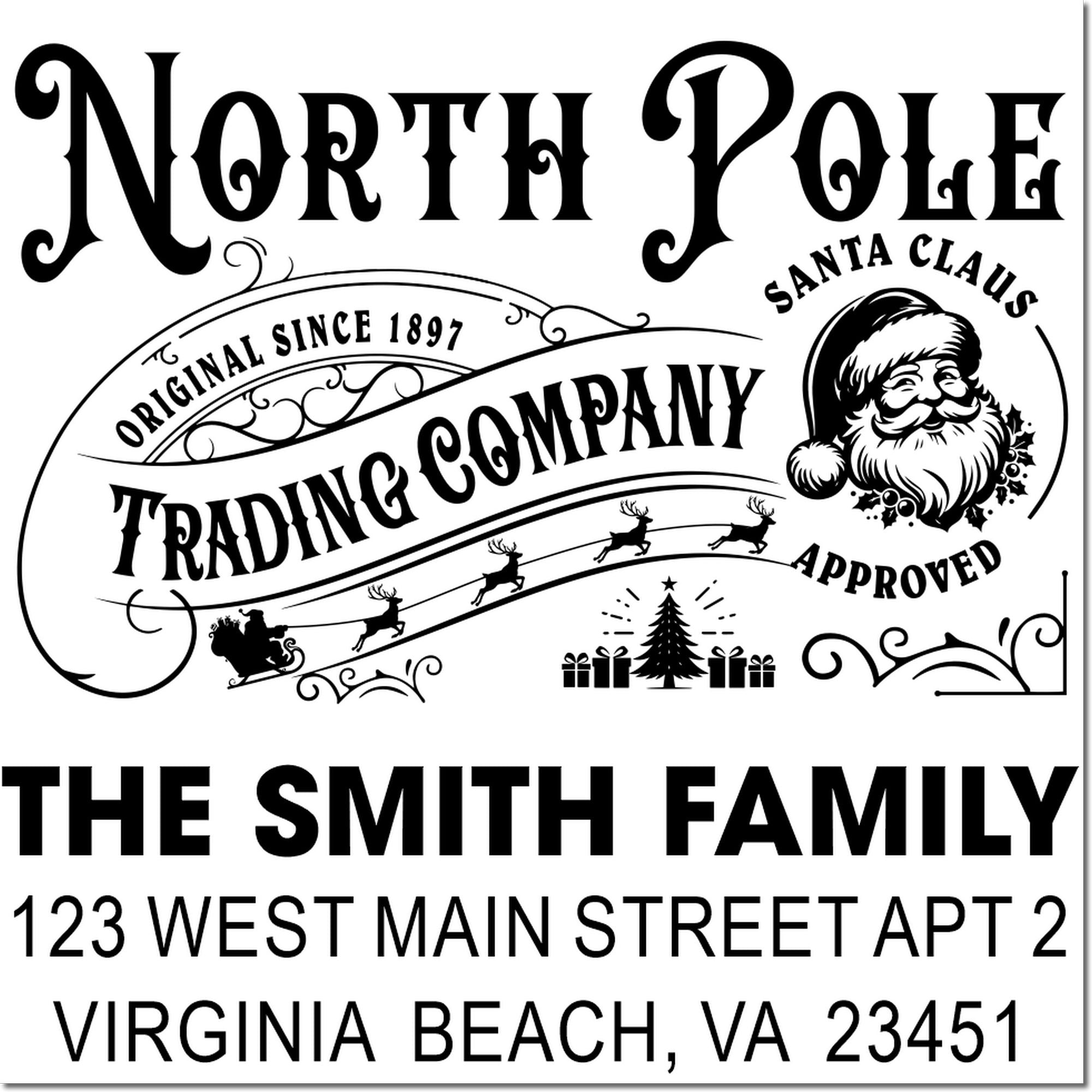 Custom rubber stamp designs for holiday and return address use, featuring North Pole, Santa Claus approved, and The Smith Family.
