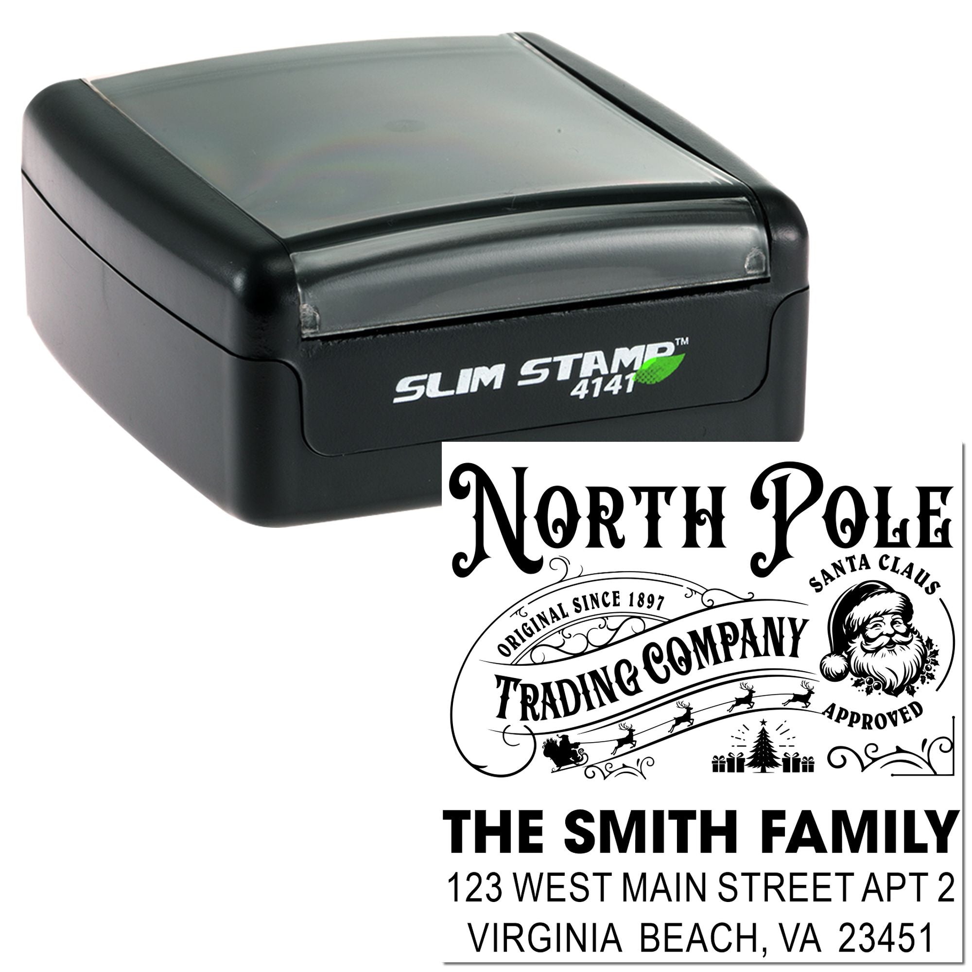 Custom self-inking rubber stamp with North Pole Trading Company and Smith family address design