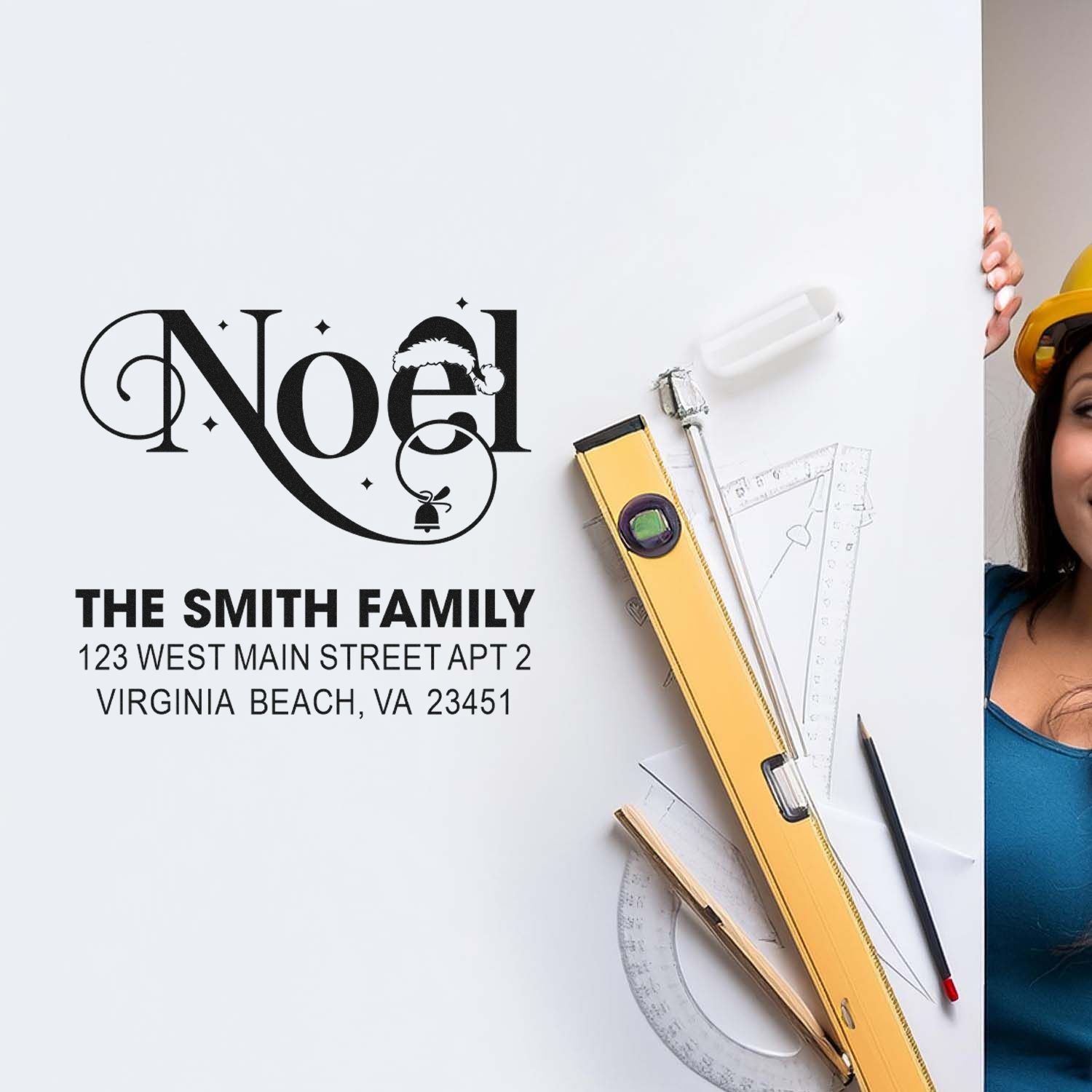 Custom Noel Christmas return address rubber stamp for the Smith family, featuring festive holiday lettering and address imprint.