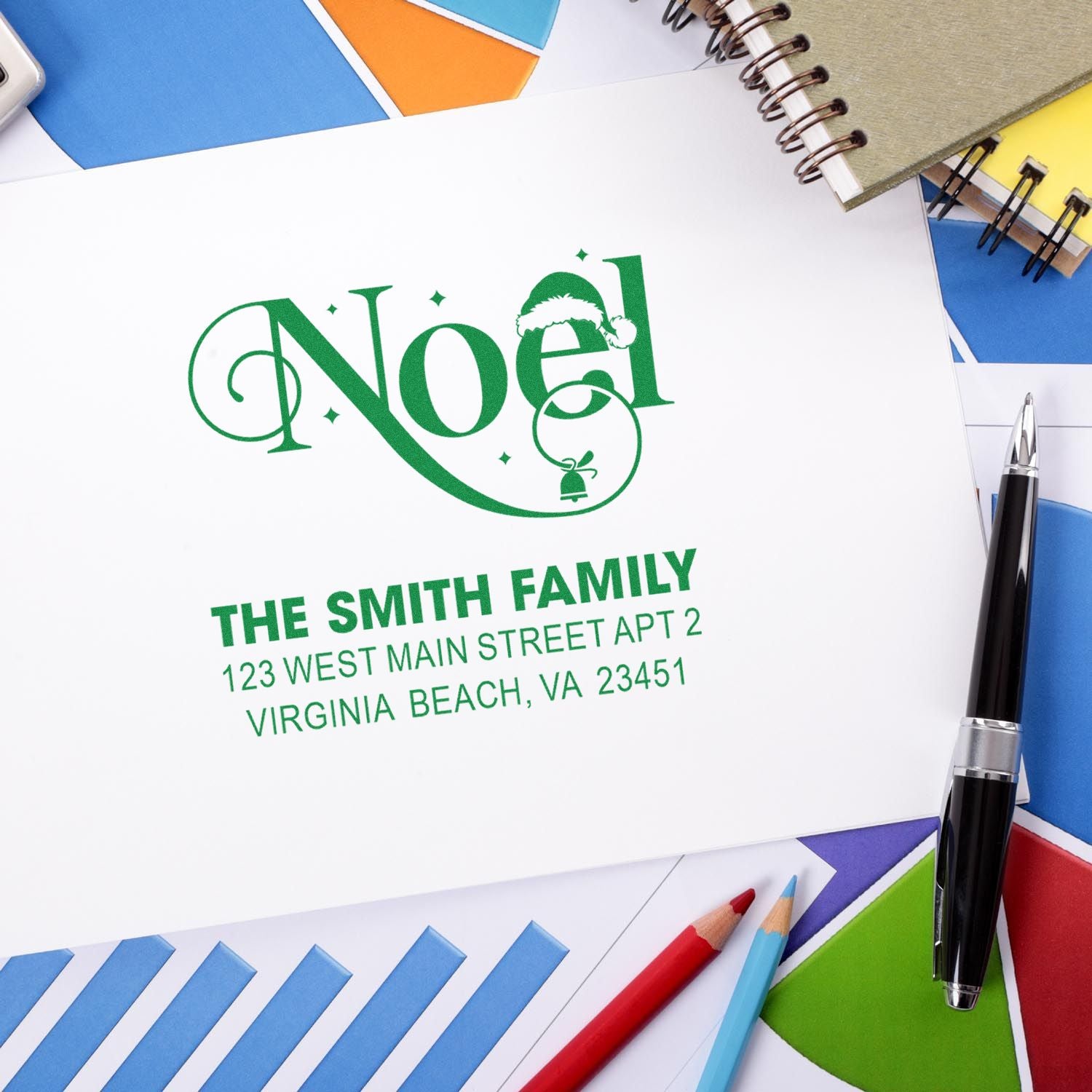 Personalized Noel return address rubber stamp for Christmas cards, holiday envelopes, and festive family mailings.