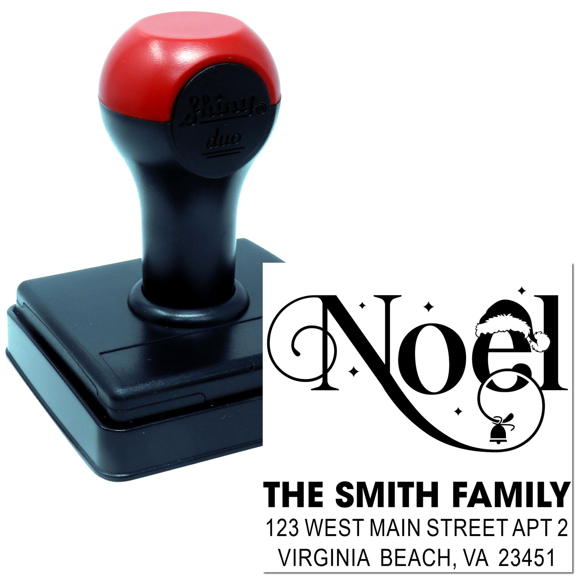 Custom self-inking rubber stamp with Noel Christmas return address design for family holiday cards and envelopes.