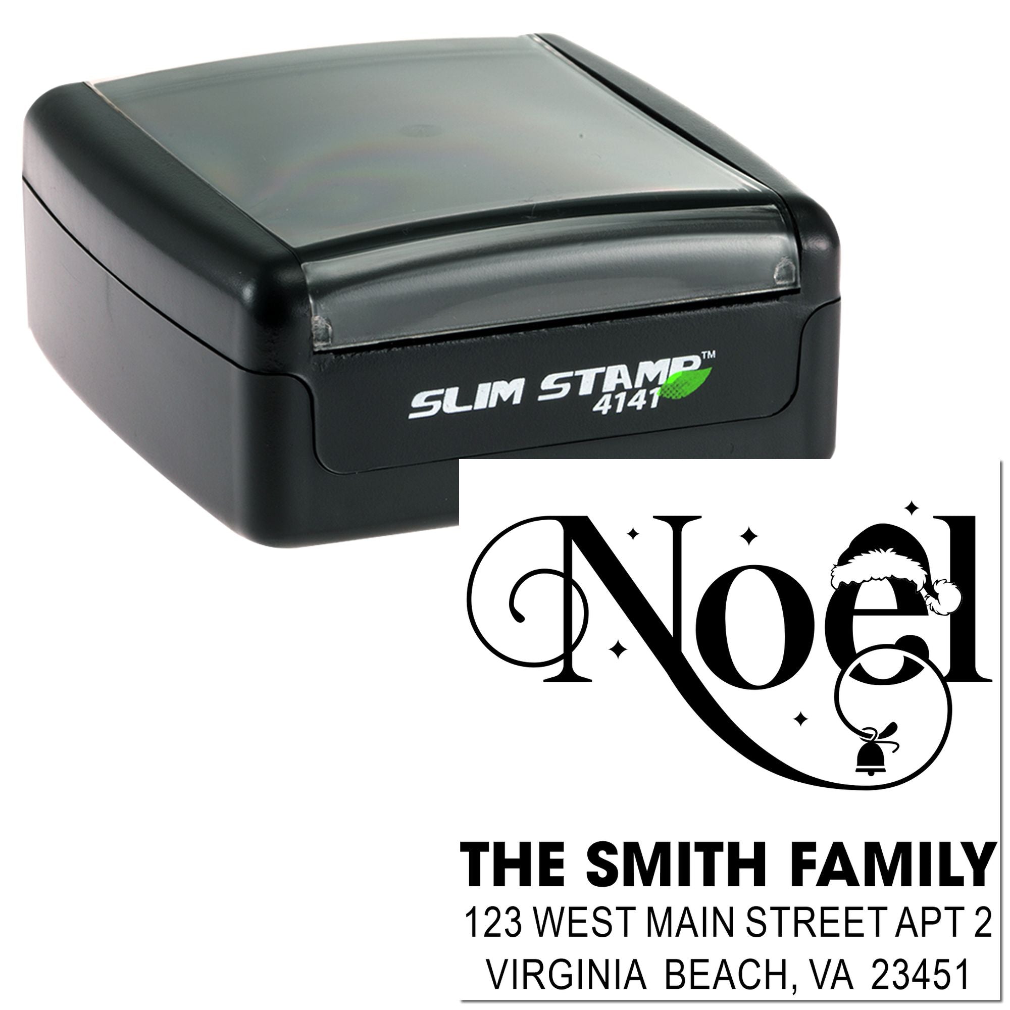 Slim Stamp 4141 self-inking custom holiday address rubber stamp with Noel family return address design