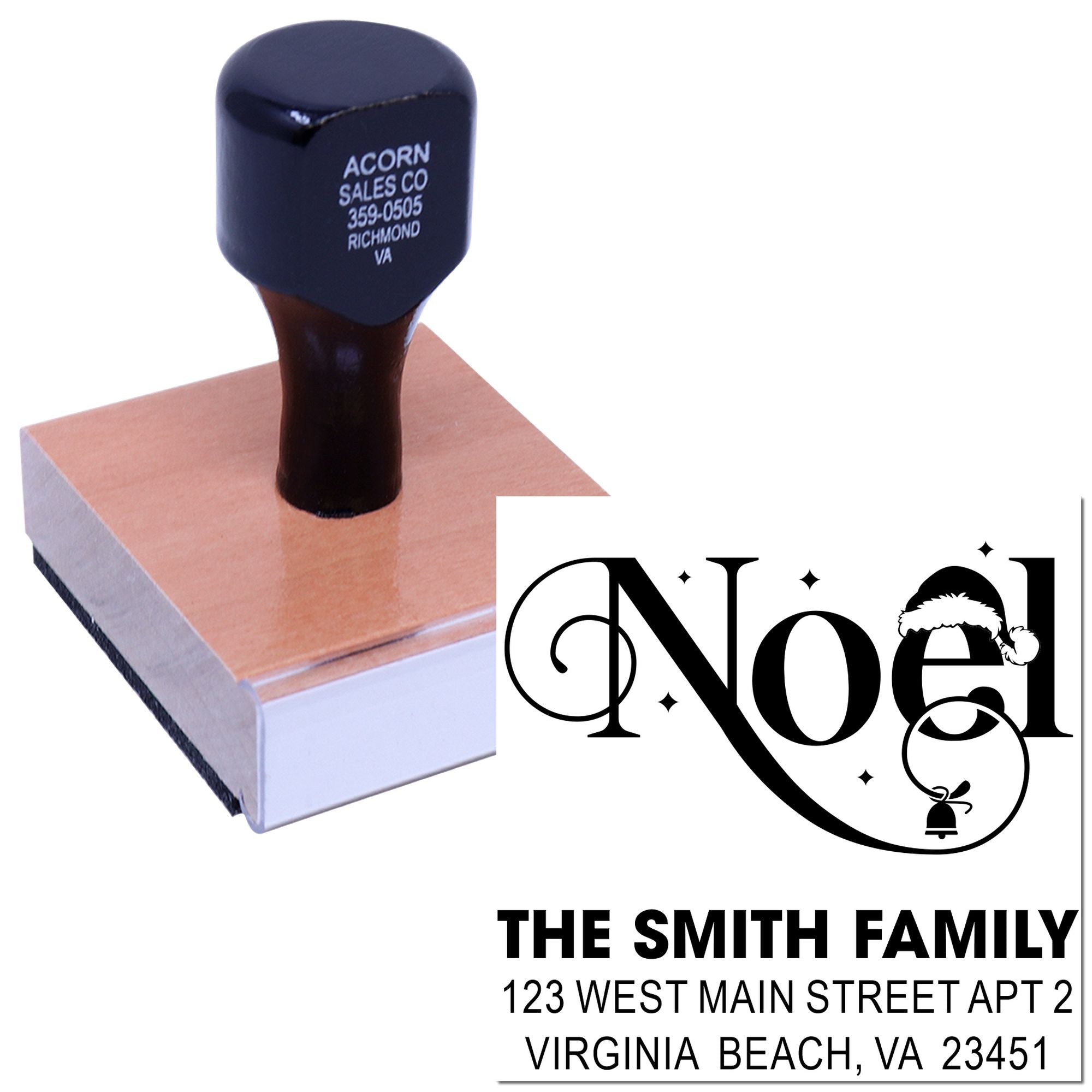 Custom holiday return address rubber stamp with Noel design for The Smith Family, Virginia Beach address.