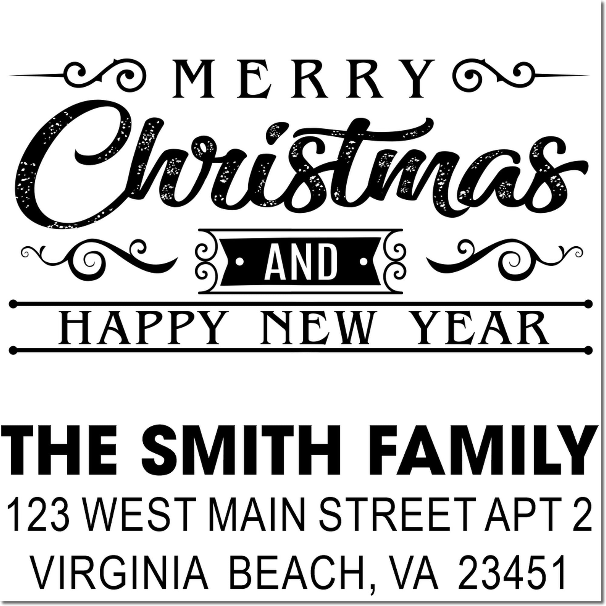 Custom rubber stamp designs for Merry Christmas, Happy New Year, and personalized The Smith Family address labels.