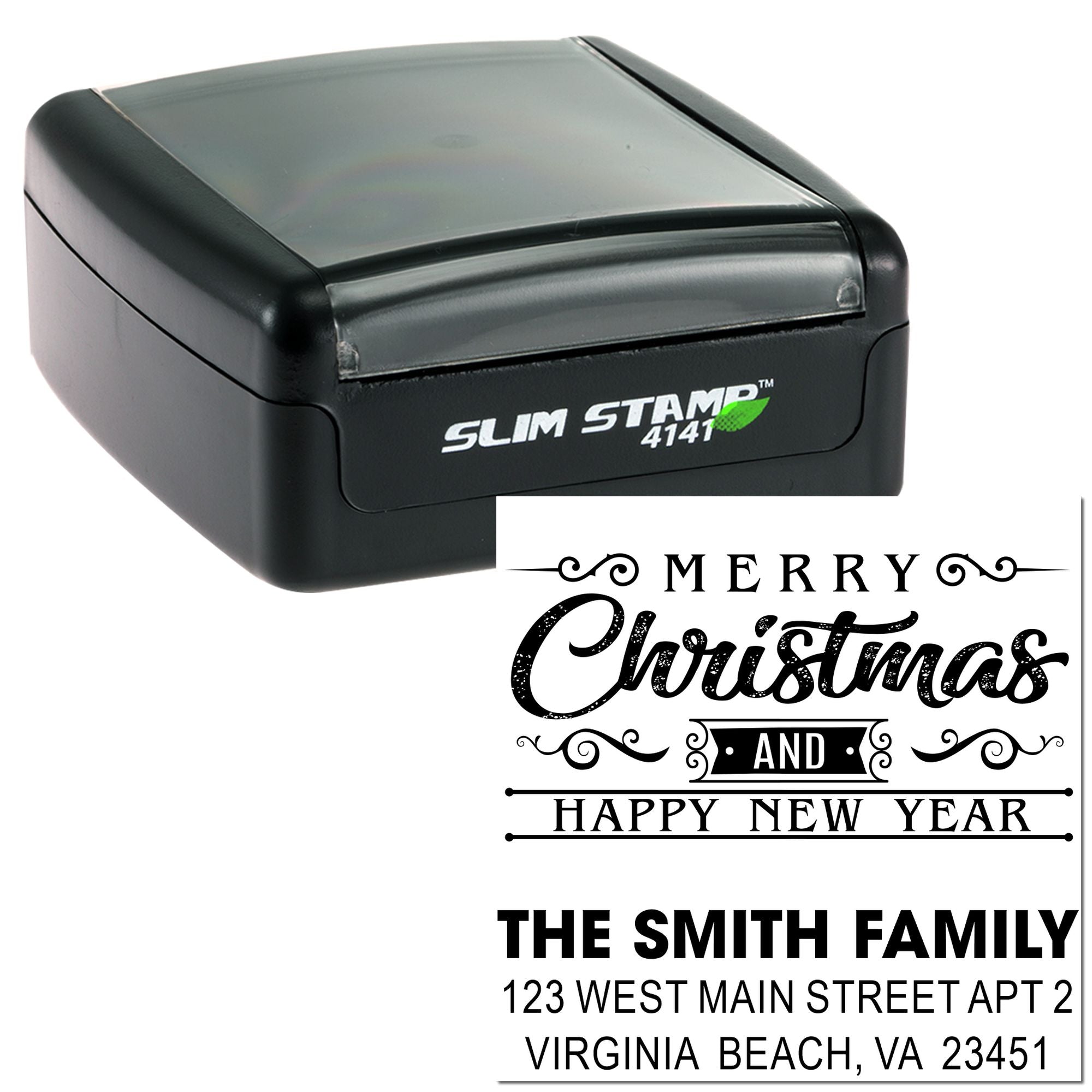 Custom holiday return address rubber stamp with Merry Christmas and Happy New Year design
