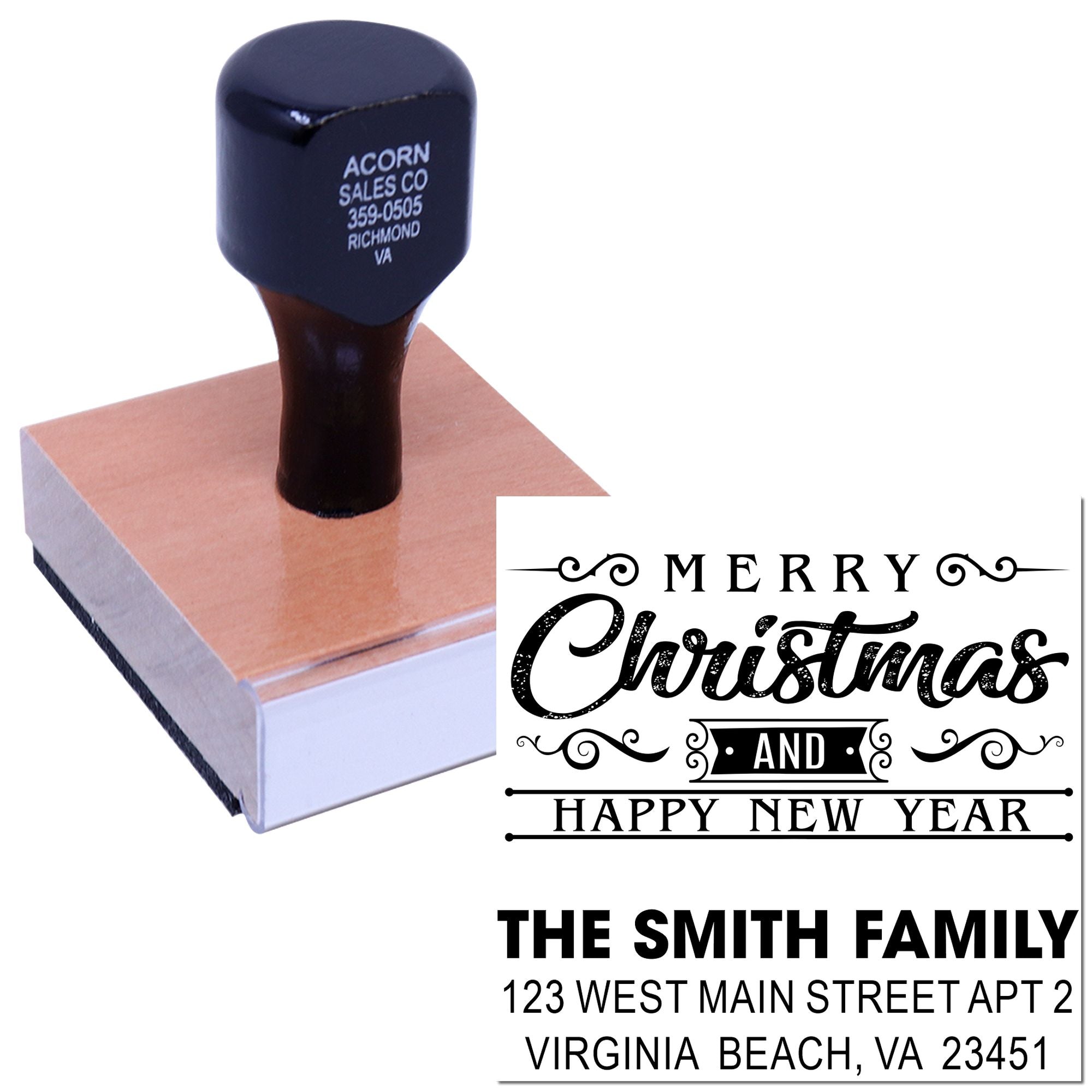Personalized holiday return address rubber stamp with Merry Christmas and Happy New Year design for The Smith Family
