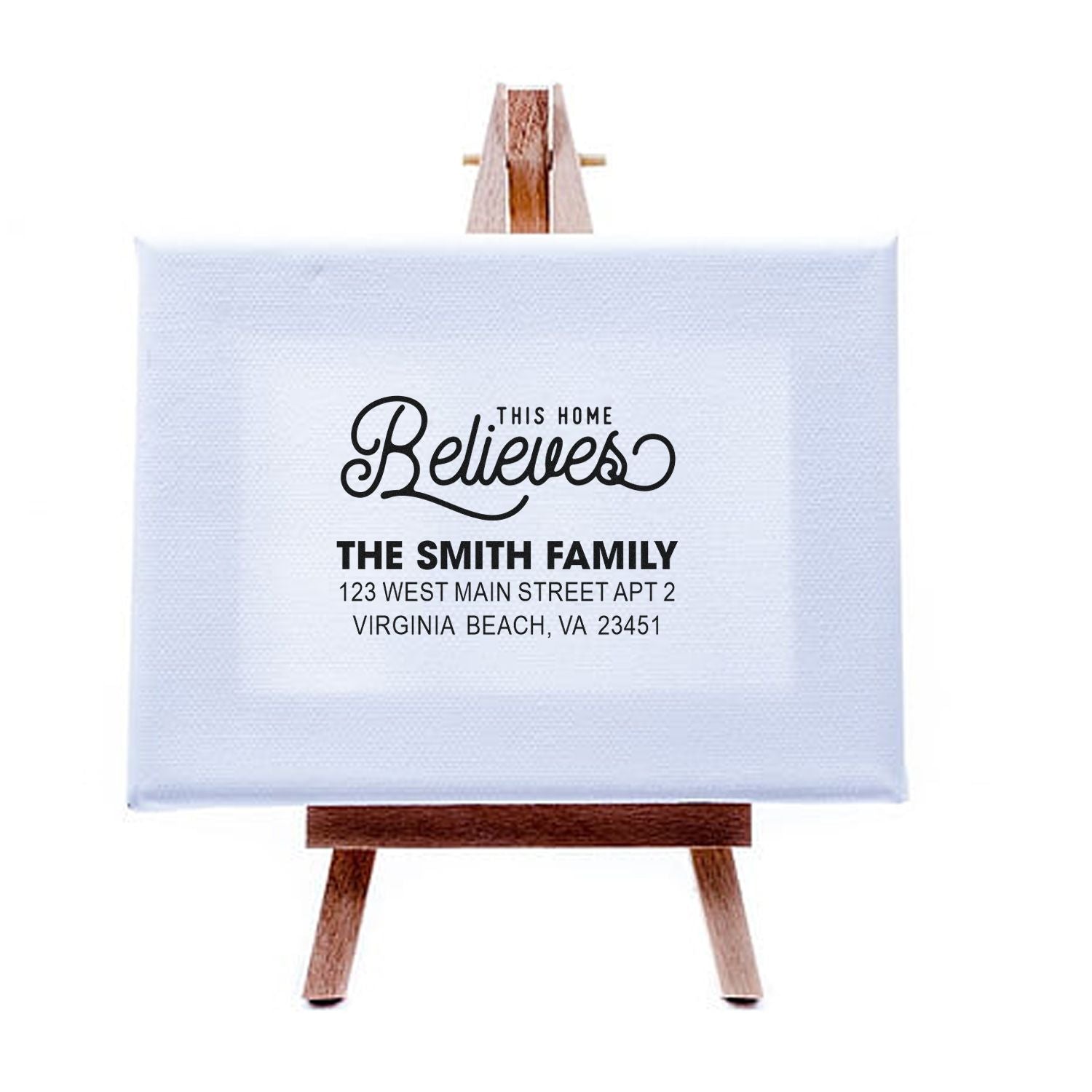 Personalized address rubber stamp design with This Home Believes quote for Smith family home decor or stationery.