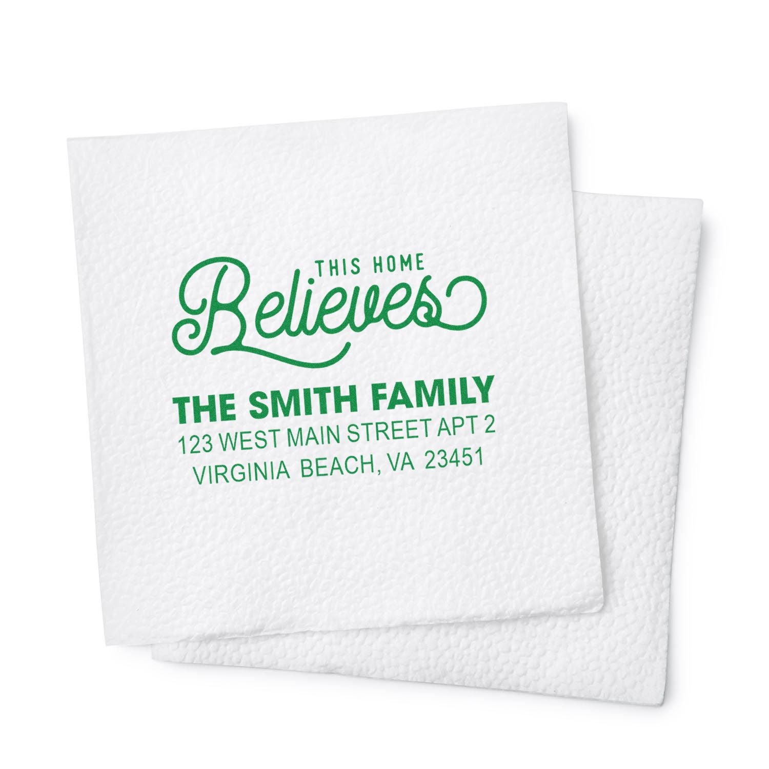 Personalized family return address rubber stamp with This Home Believes design for The Smith Family.