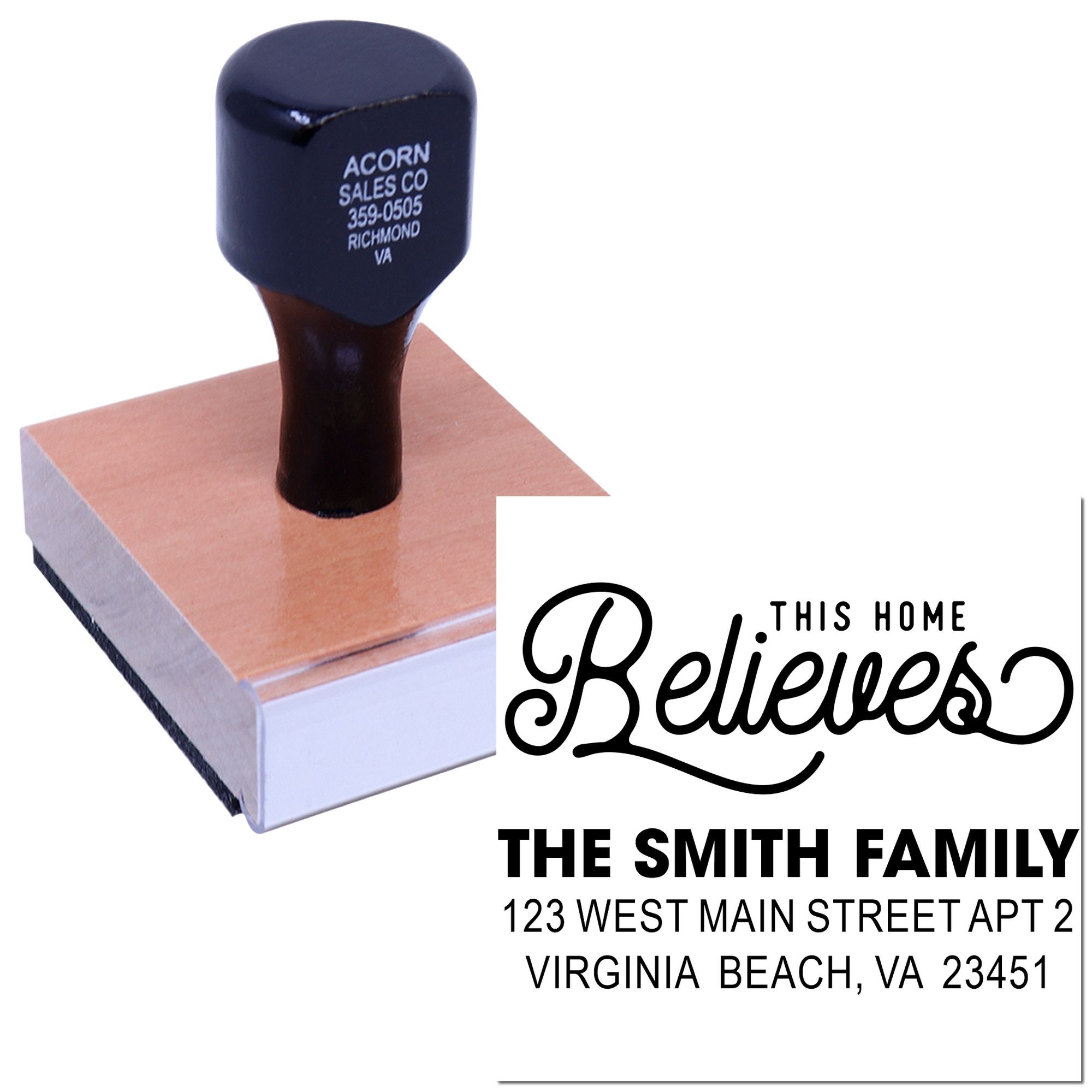 Personalized custom address rubber stamp with This Home Believes design for The Smith Family, featuring name and address.