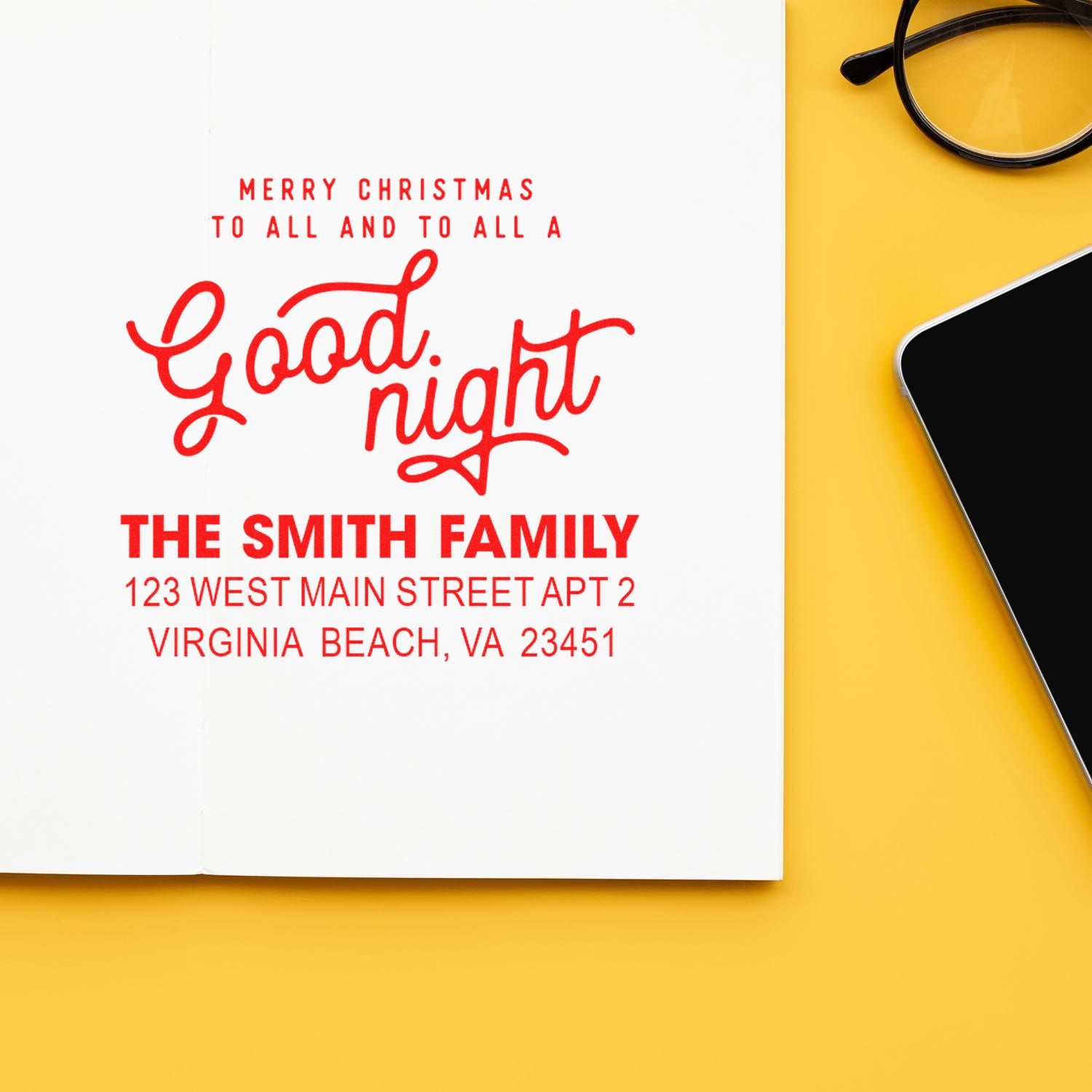 Custom Christmas rubber stamp with Good night greeting and family return address for festive holiday cards.