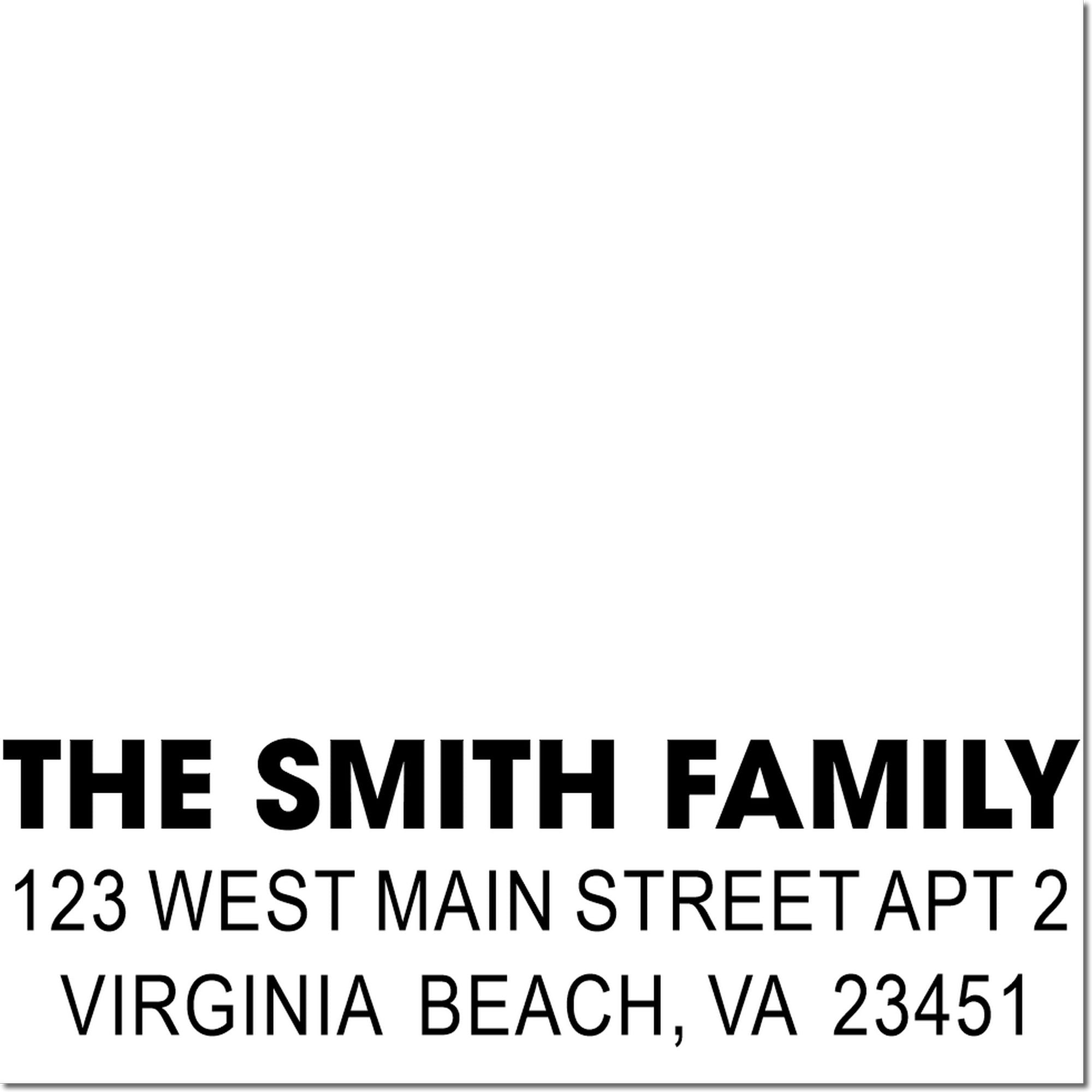 Personalized return address rubber stamp for The Smith Family, Virginia Beach, VA mailing envelopes.