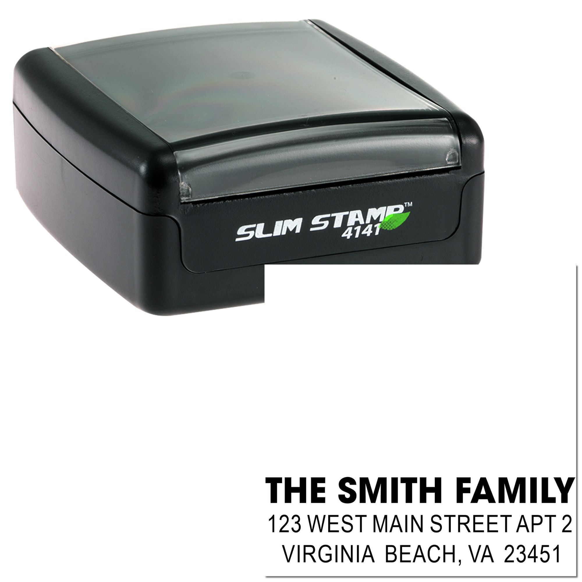 Slim Stamp 4141 self-inking custom address rubber stamp showing The Smith Family Virginia Beach return address