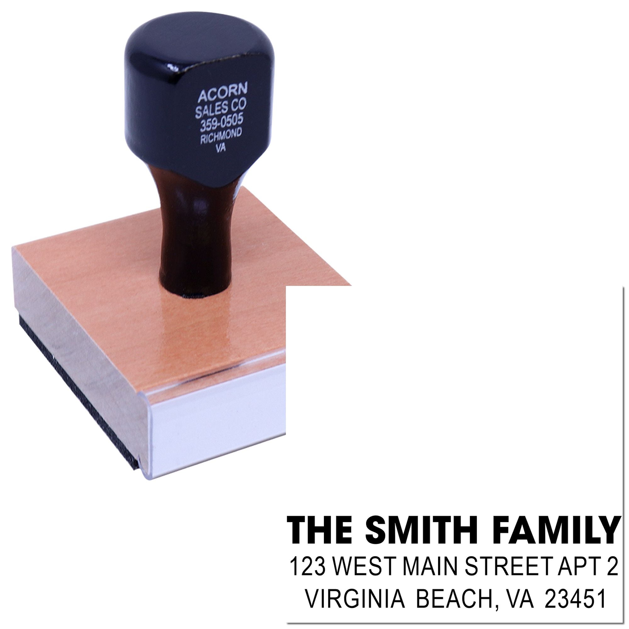 Custom return address rubber stamp for The Smith Family, 123 West Main Street Apt 2, Virginia Beach, VA 23451.