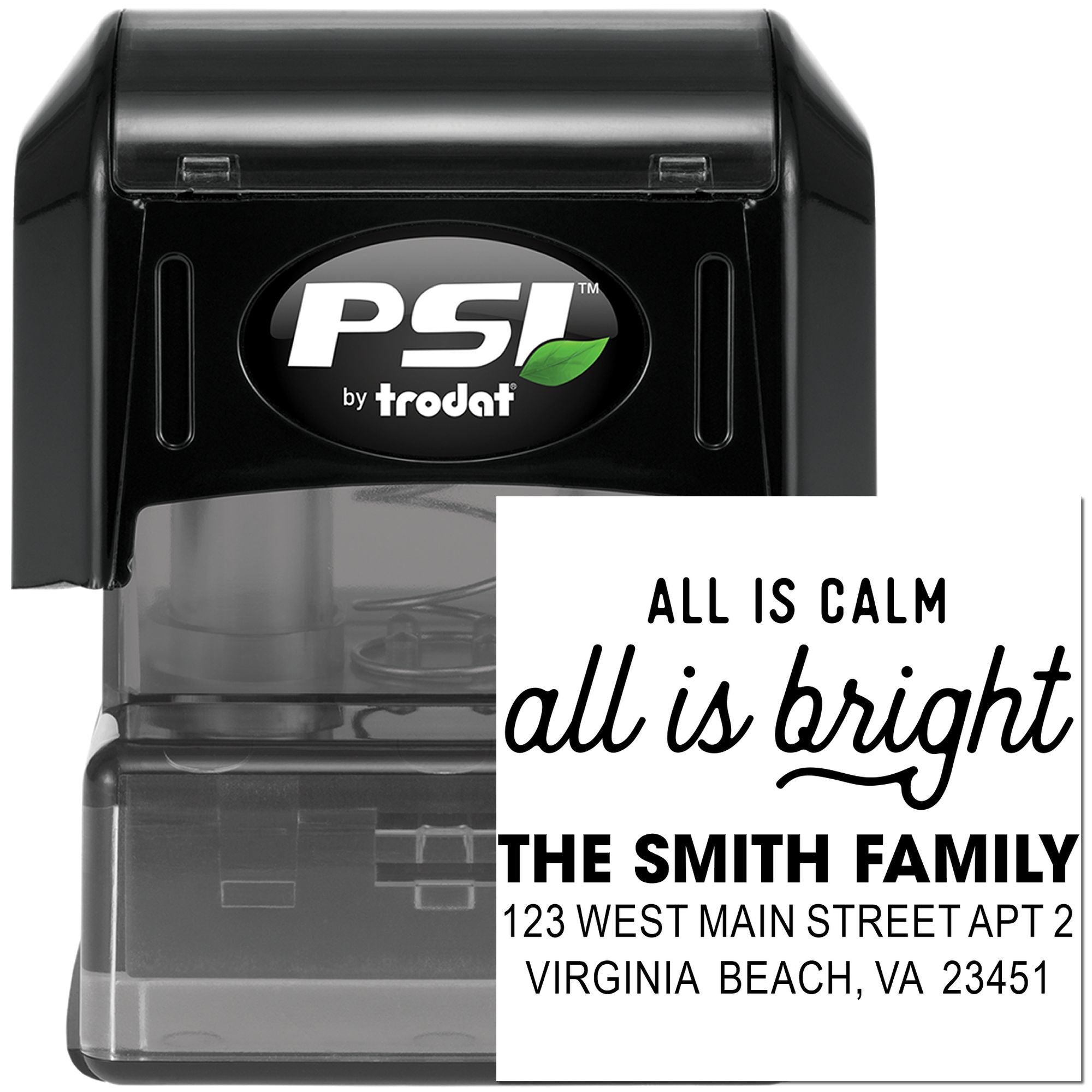 PSI by Trodat self-inking custom address rubber stamp with All is calm, all is bright family return address design.