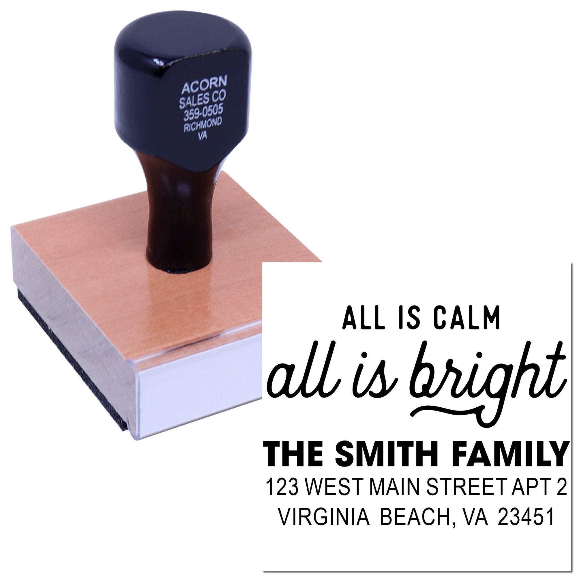 Custom rubber stamp with "All Is Calm, All Is Bright" family return address imprint