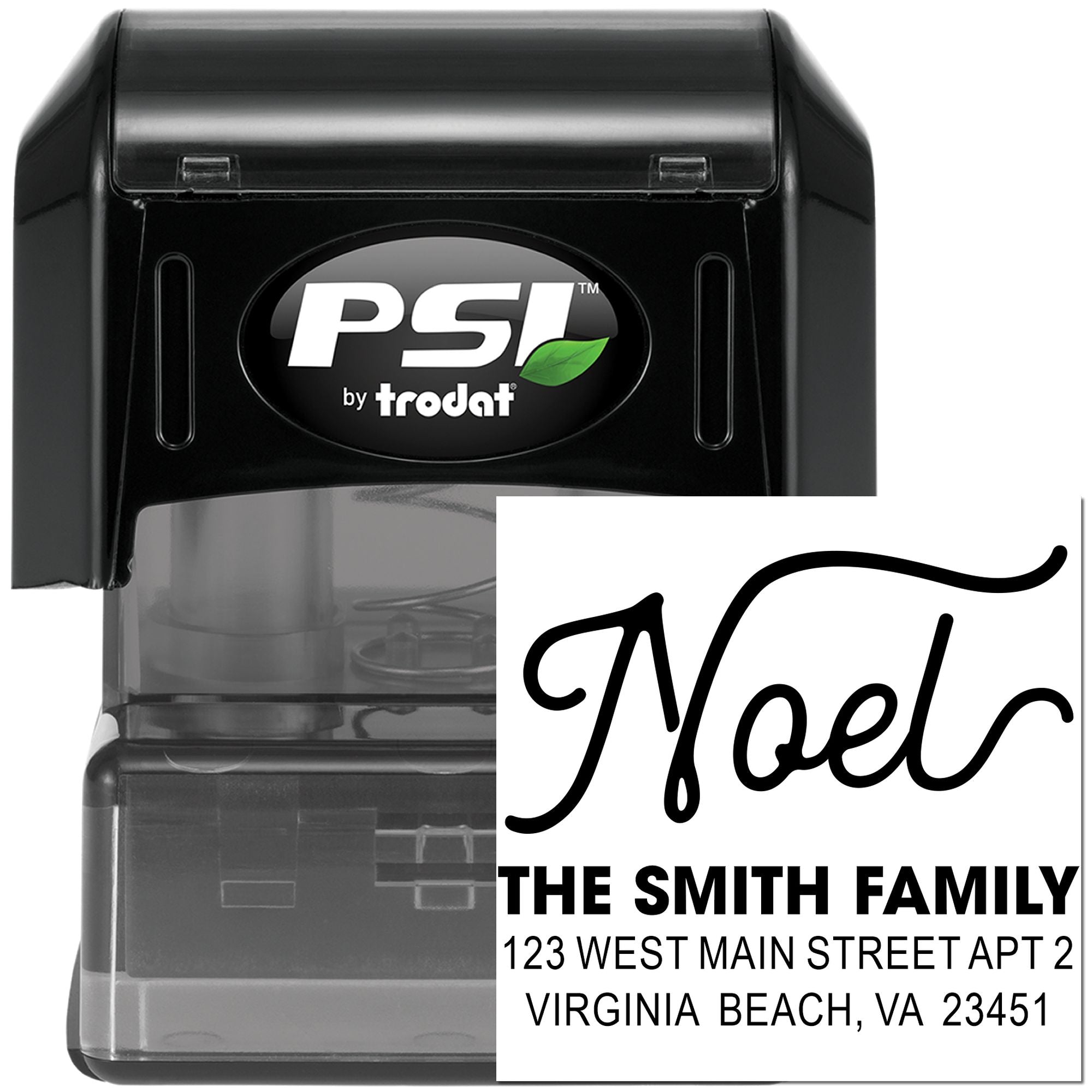 PSI by Trodat self-inking rubber stamp with custom name and address imprint sample for mailing.