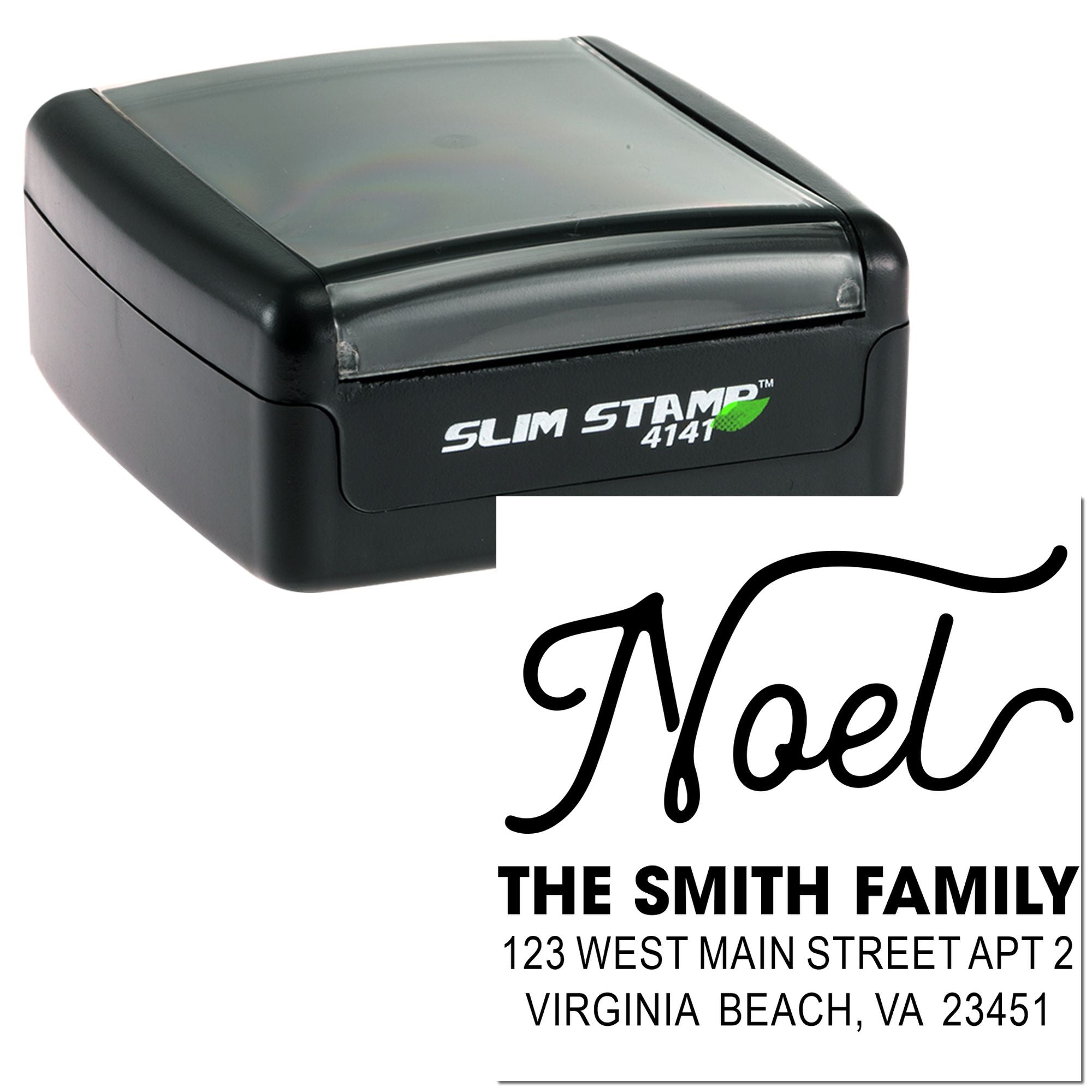 Slim Stamp 4141 custom self-inking rubber address stamp with personalized family name and mailing address imprint