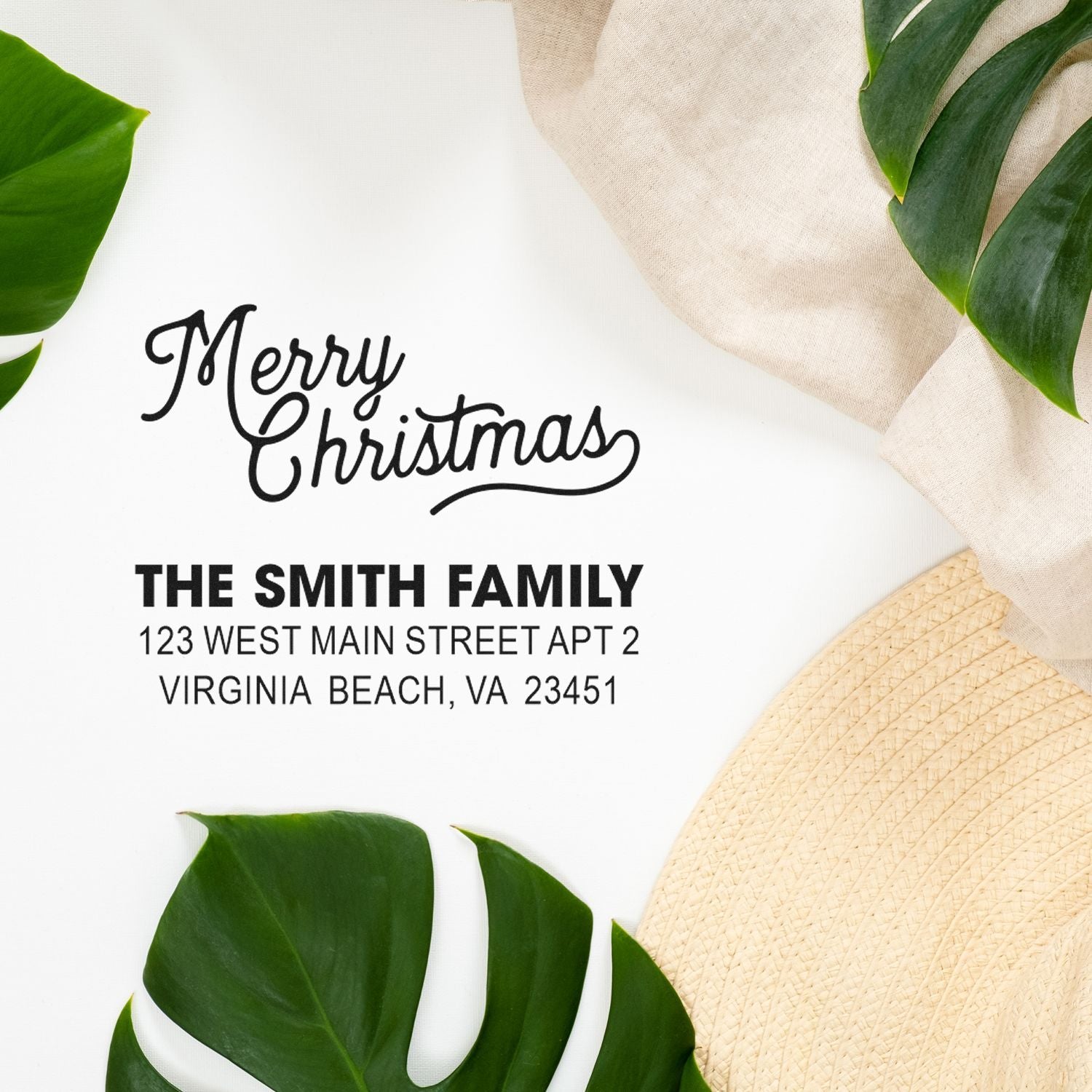 Custom Merry Christmas rubber stamp with The Smith Family return address for holiday cards and festive mail.