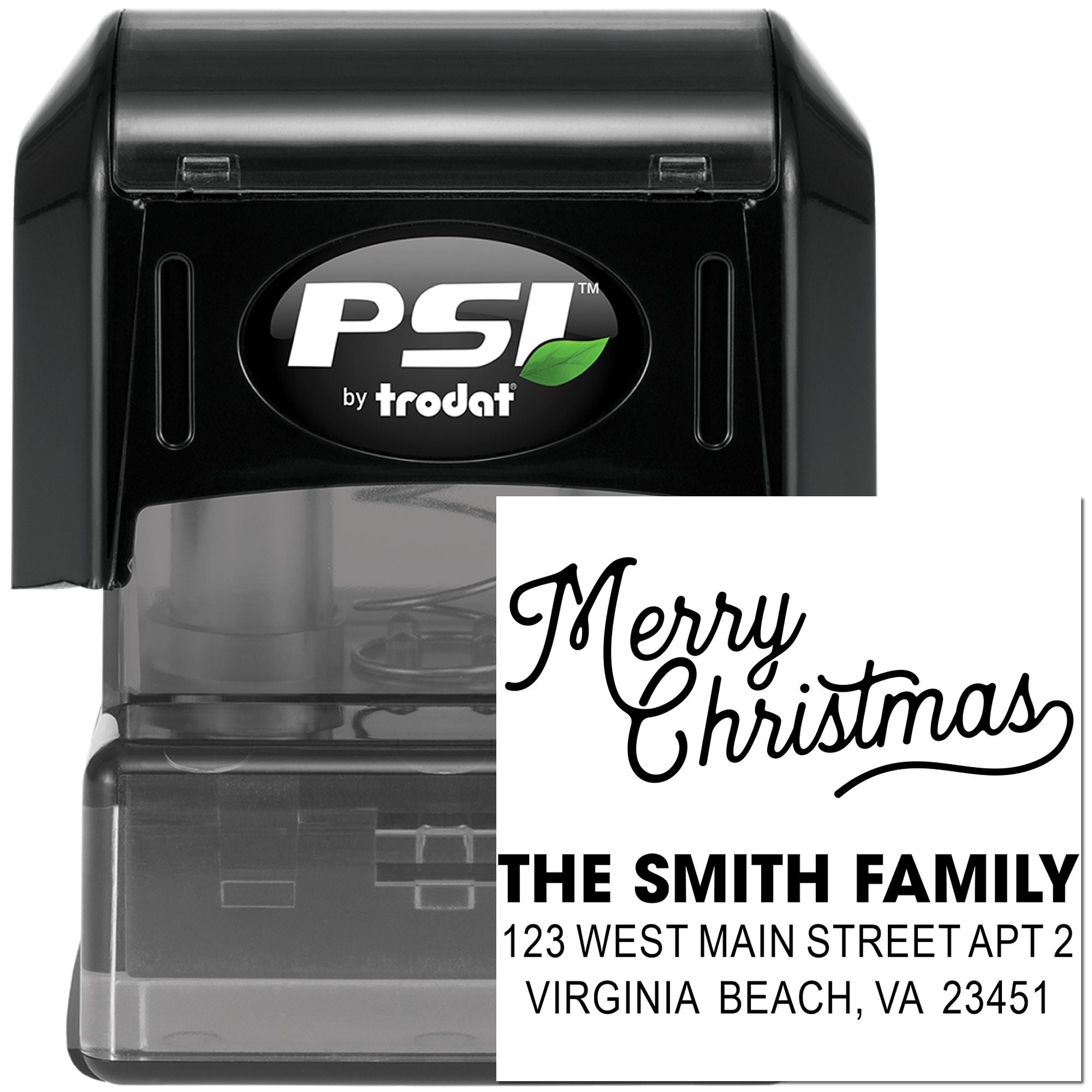 PSI by Trodat self-inking rubber stamp with custom Merry Christmas return address for holiday cards.