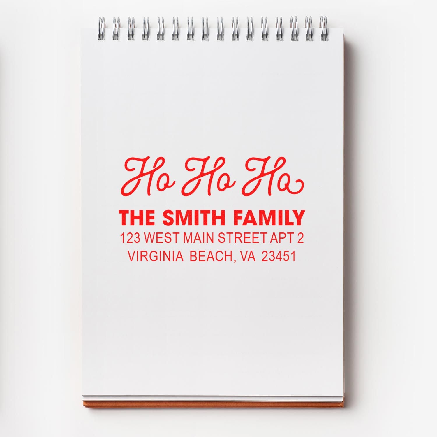 Personalized holiday return address rubber stamp for The Smith Family, featuring Ho Ho Ho and Virginia Beach address.