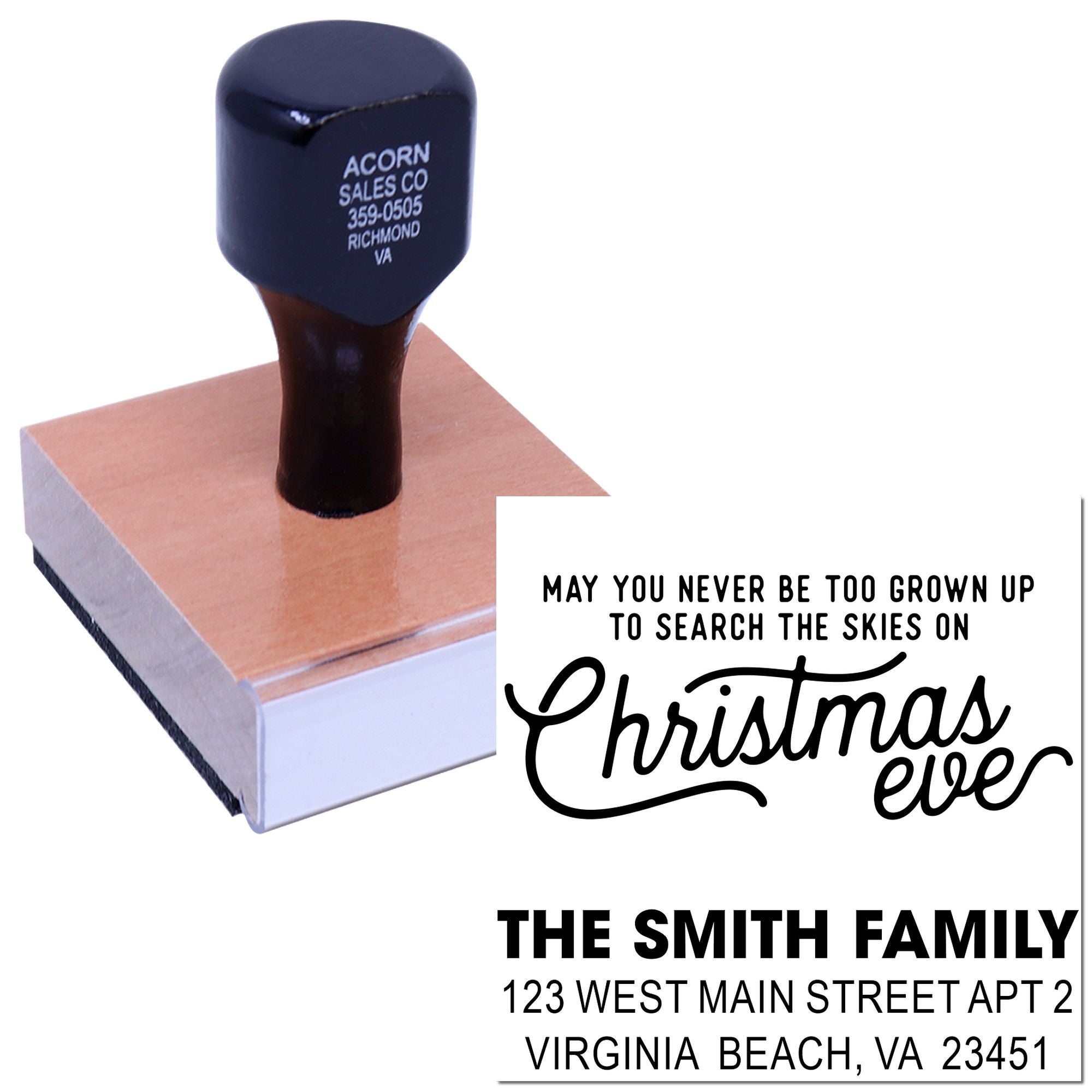 Custom Christmas return address rubber stamp with family name, address and festive quote for holiday stationery.