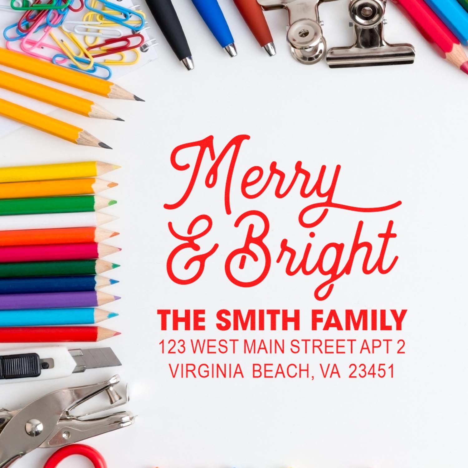 Personalized Merry & Bright holiday rubber stamp with family name and address for Christmas cards.