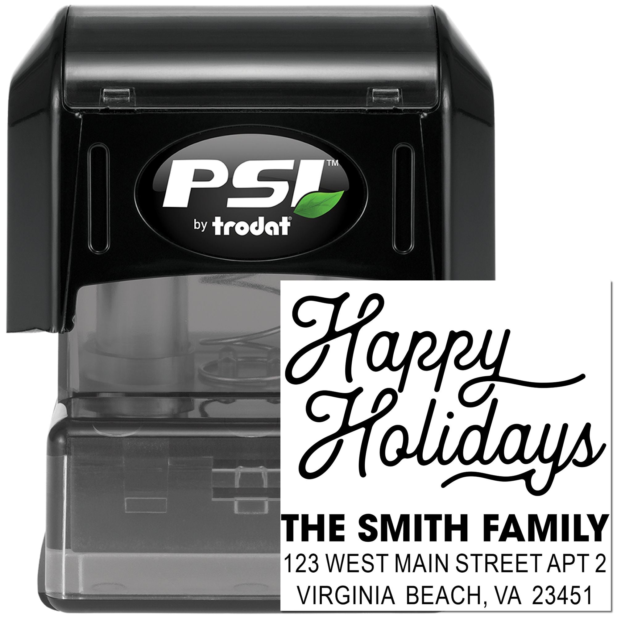 PSI by Trodat custom Happy Holidays rubber address stamp with The Smith Family return address for holiday mailings