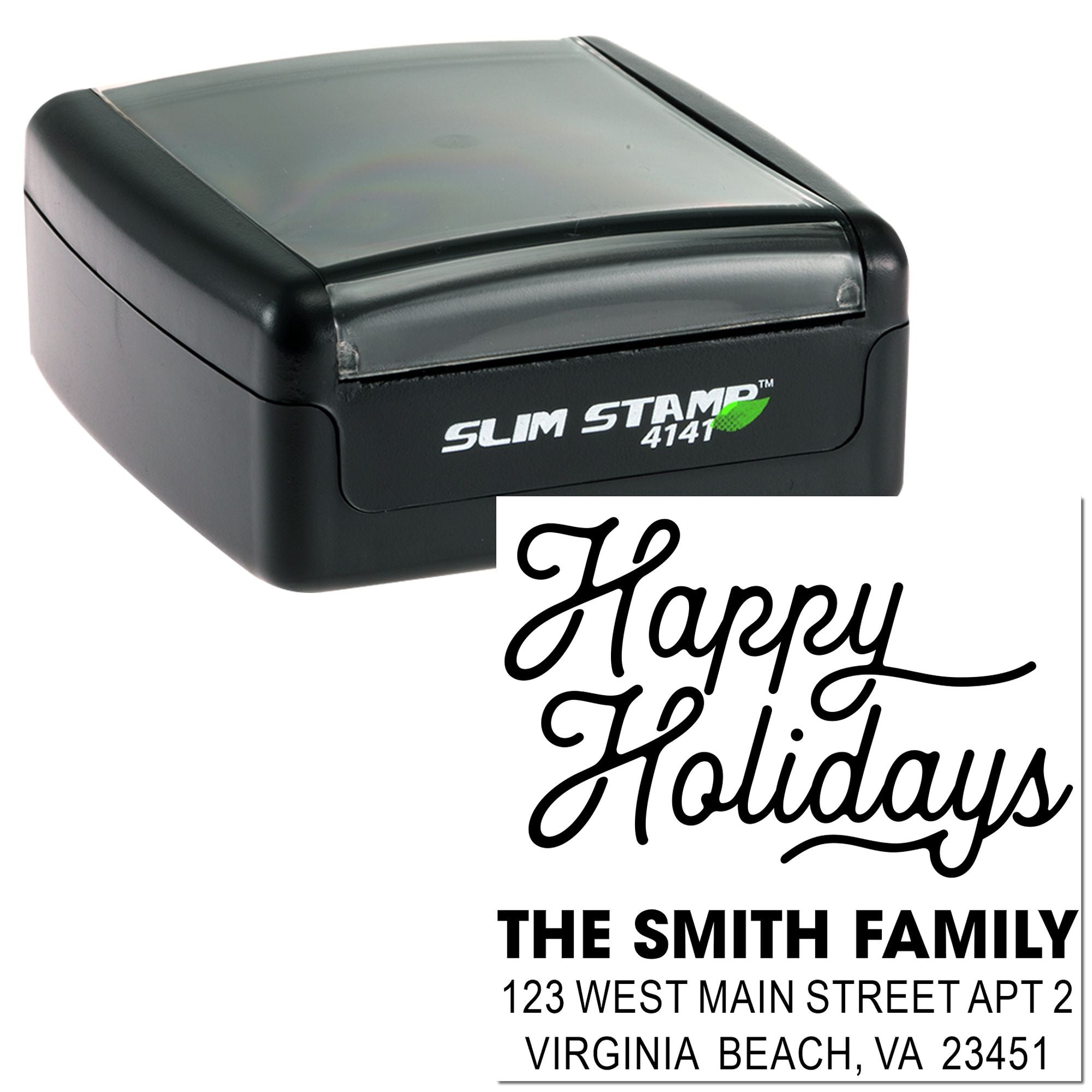 Slim Stamp self-inking rubber stamp for custom holiday address labels, featuring Happy Holidays and The Smith Family.