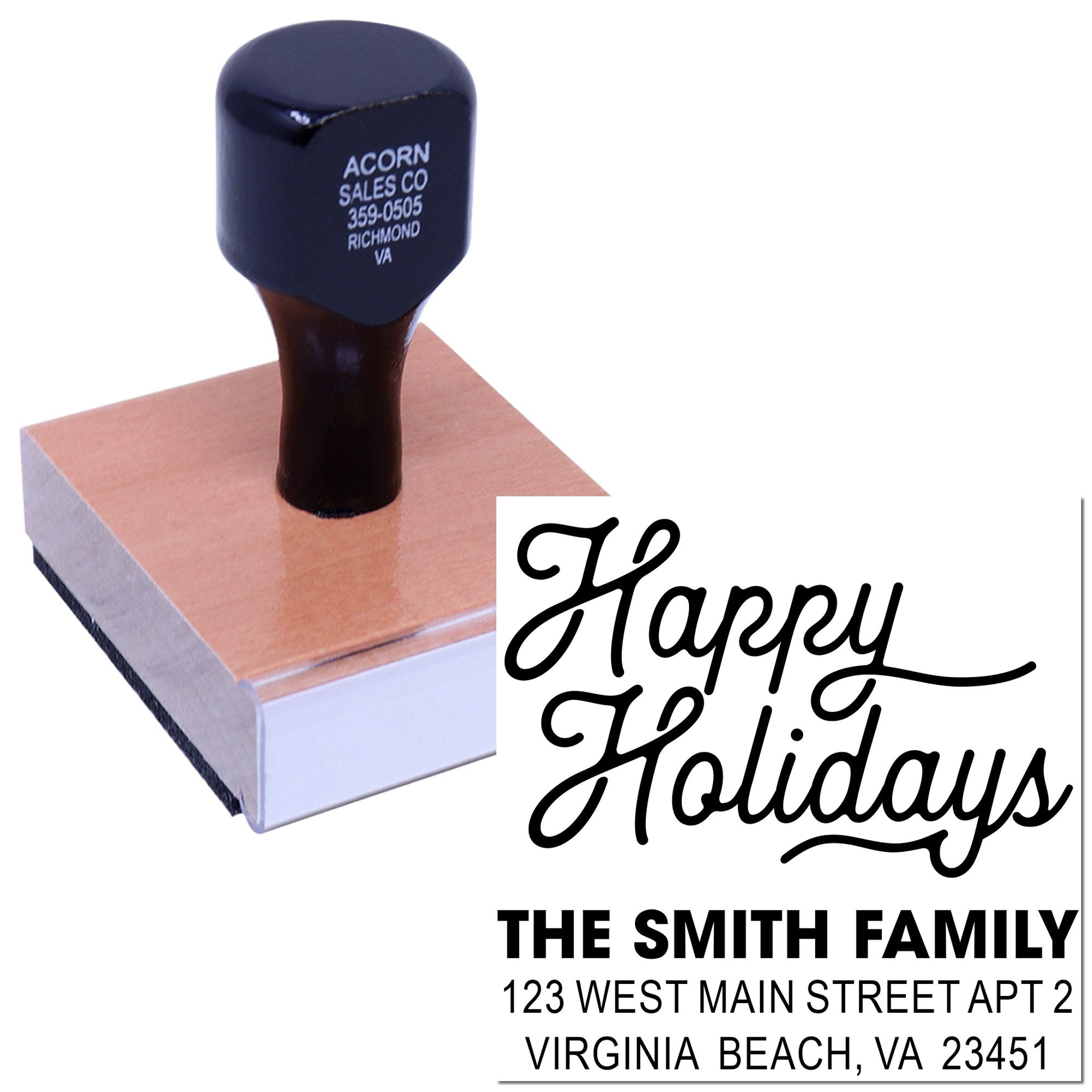 Custom holiday address rubber stamp with Happy Holidays design for festive cards and envelopes.