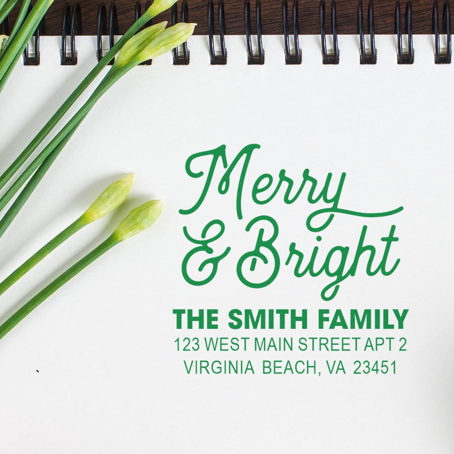 Merry & Bright custom address rubber stamp with The Smith Family return address for festive Christmas cards and holiday mail.