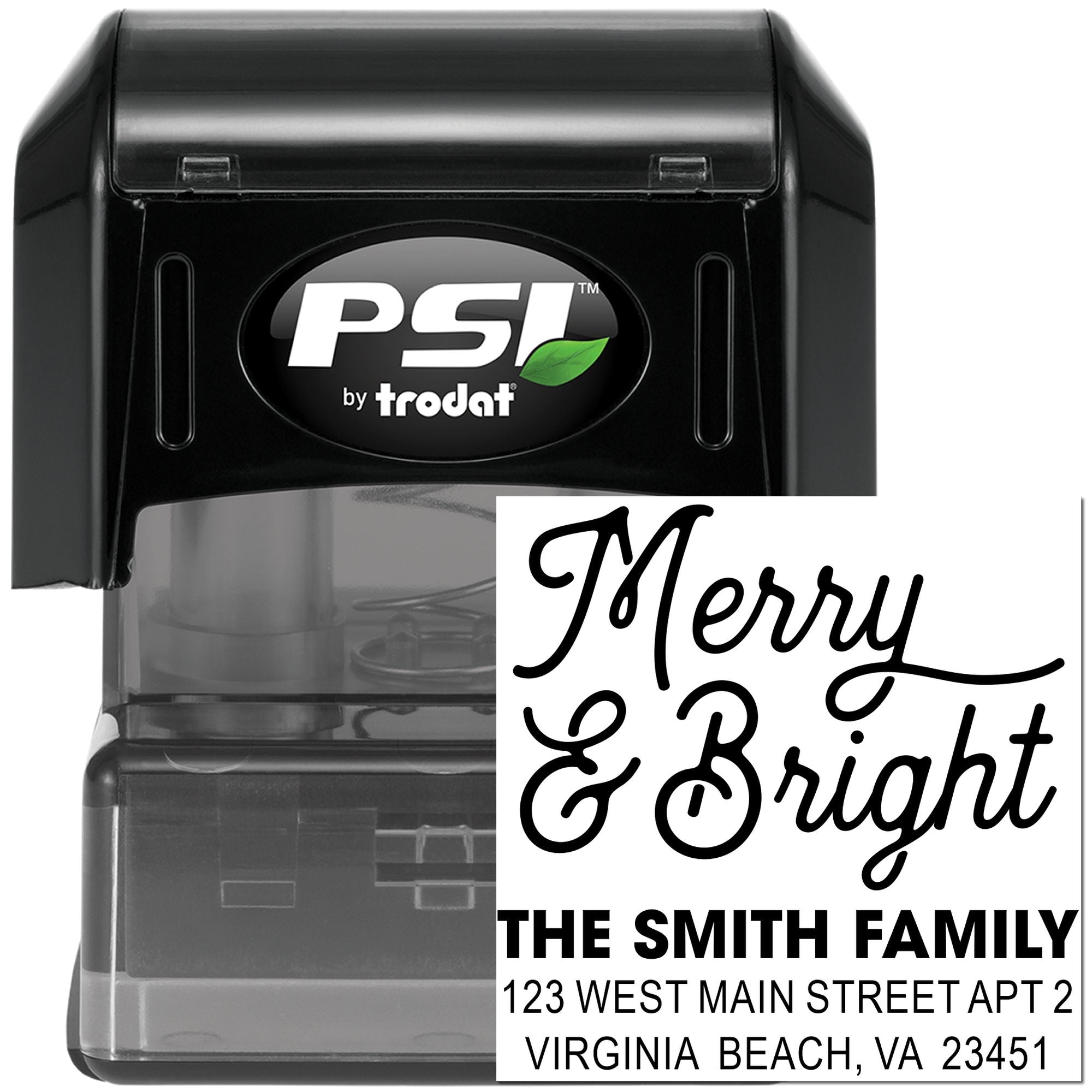 Custom self-inking rubber return address stamp with Merry & Bright design for The Smith Family, Virginia Beach, VA.