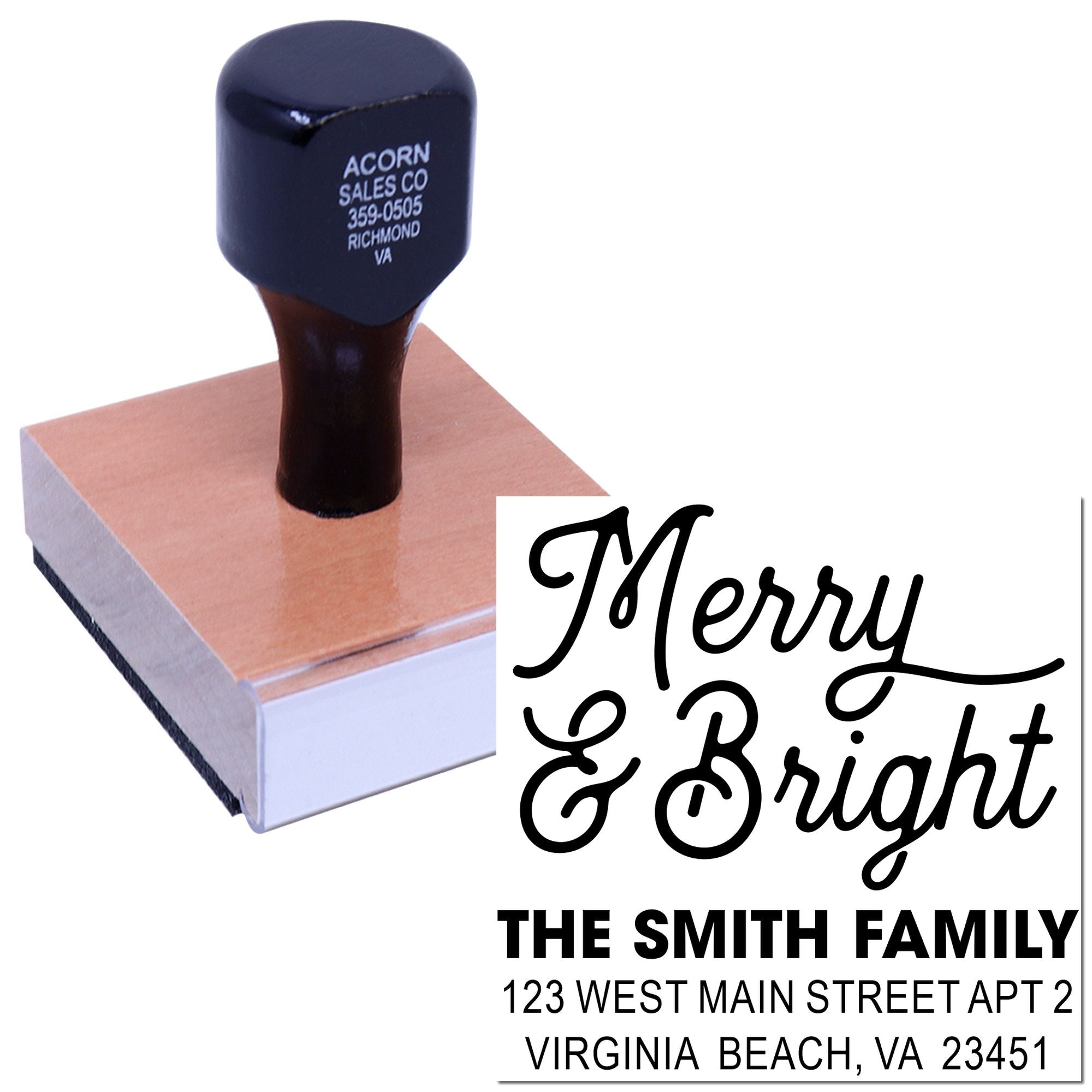 Custom rubber address stamp with Merry & Bright holiday greeting and The Smith Family return address.