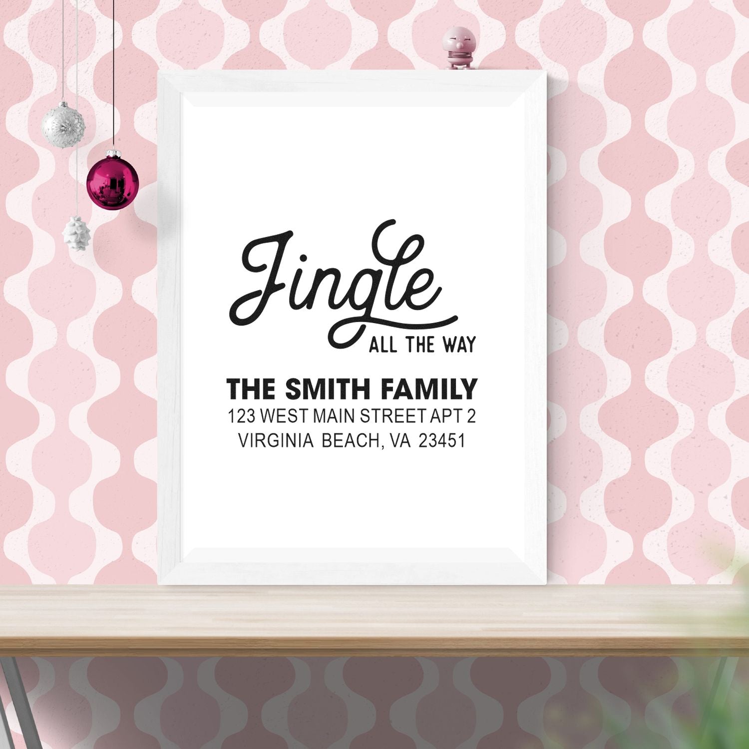 Custom holiday address rubber stamp with Jingle All the Way design for The Smith Family Christmas cards and mailing.