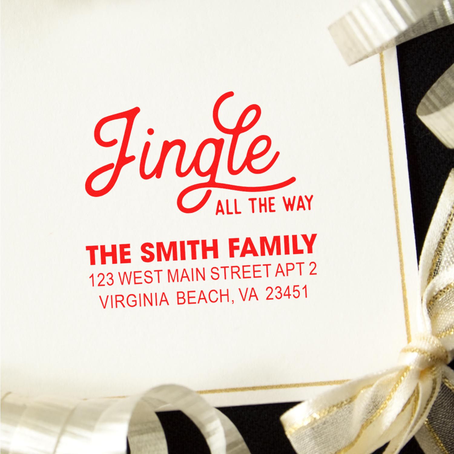 Personalized holiday return address rubber stamp with Jingle All the Way design for The Smith Family.