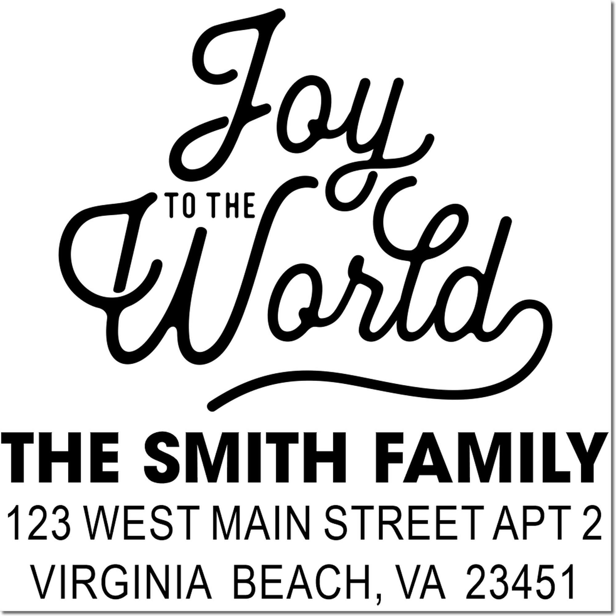 Custom holiday return address rubber stamp for The Smith Family, Virginia Beach, VA 23451, with Joy to the World design.