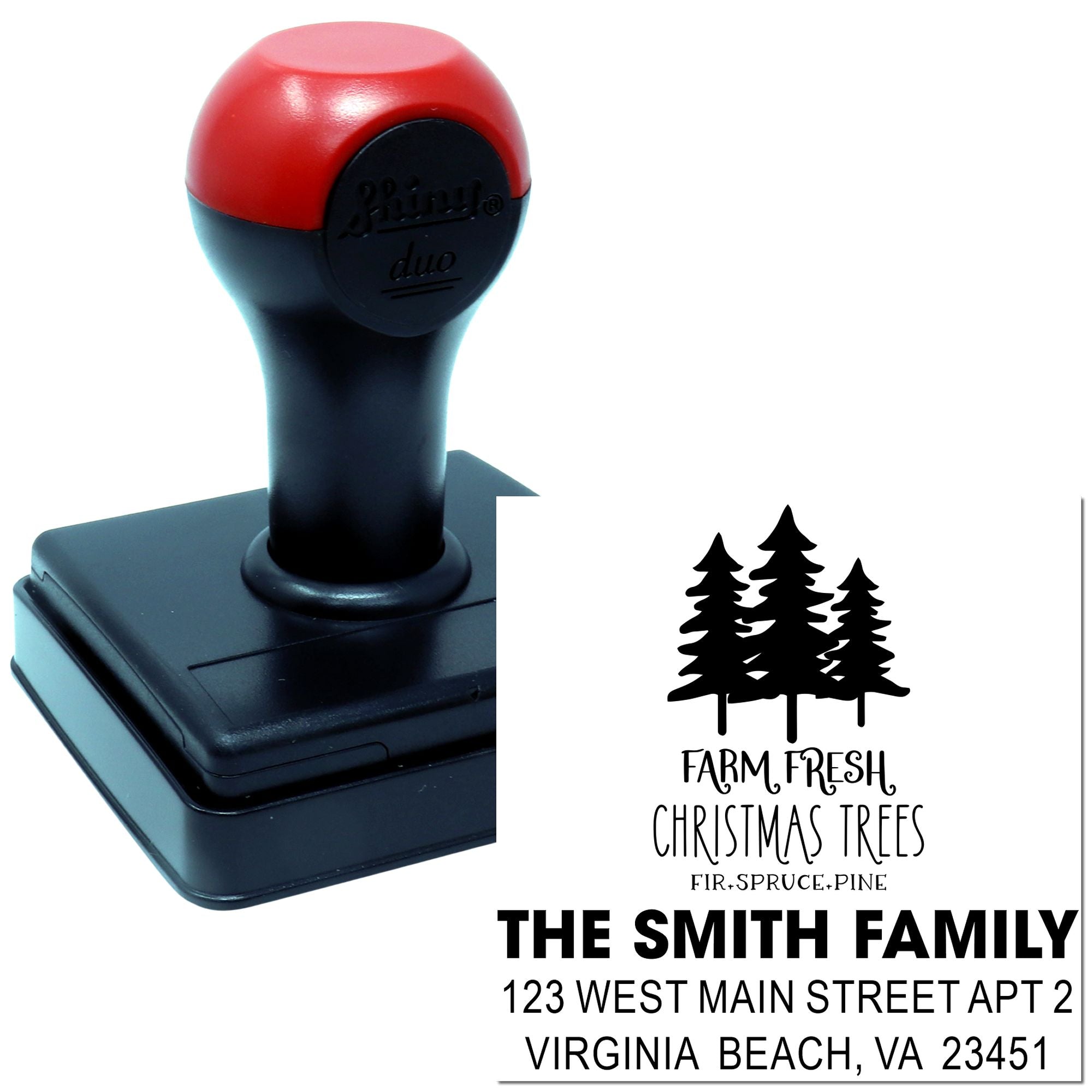Custom self-inking rubber stamp with Farm Fresh Christmas Trees design and family return address for holiday mail.