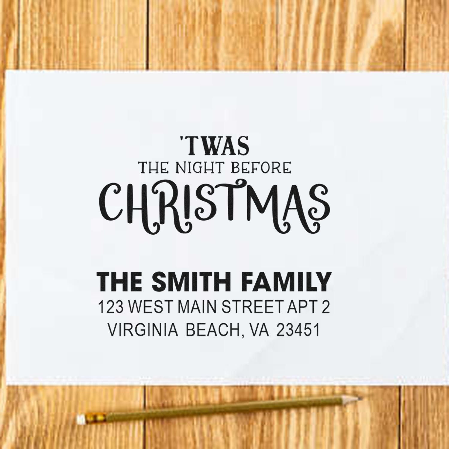 Personalized Christmas address rubber stamp with Twas the Night Before Christmas design for holiday mailings.