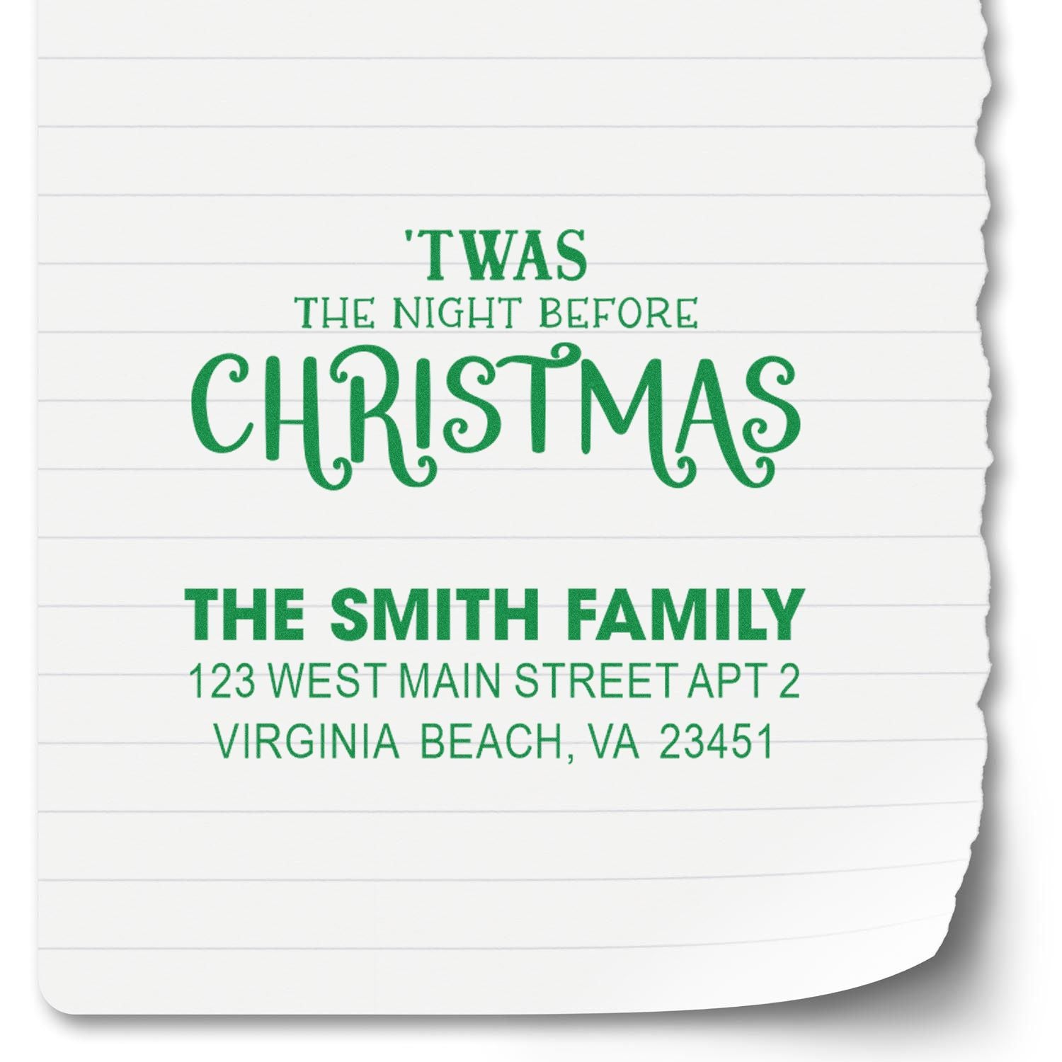 Personalized Christmas return address rubber stamp with Twas the Night Before Christmas and The Smith Family address in green.