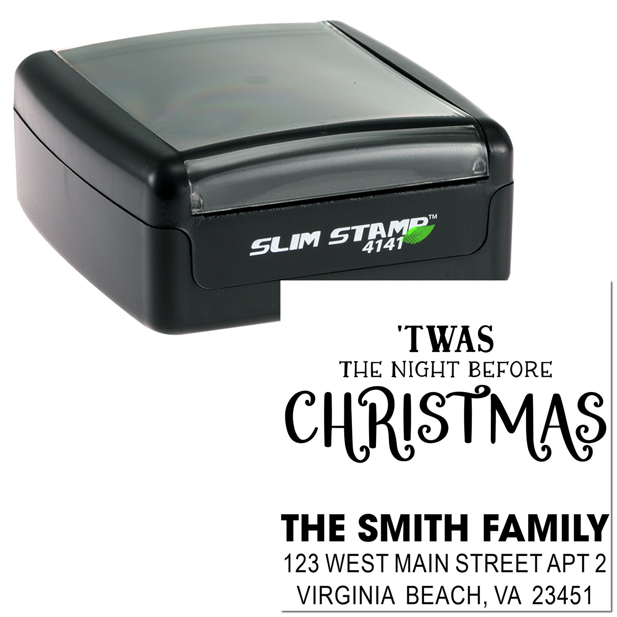 Custom self-inking rubber stamp for holiday cards, featuring a Christmas greeting and return address imprint.