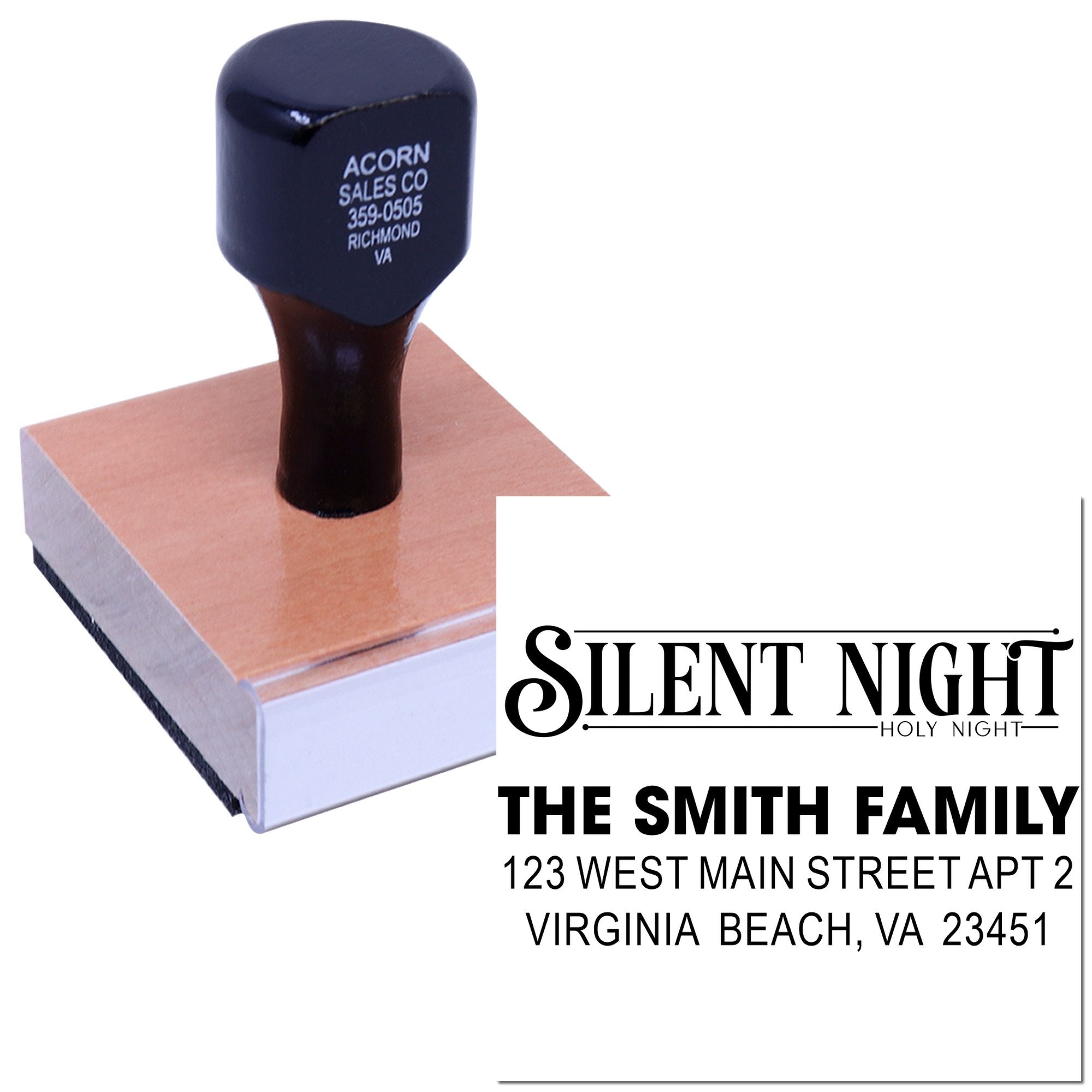 Personalized rubber stamp for holiday return addresses, featuring Silent Night Holy Night and The Smith Family address imprint.