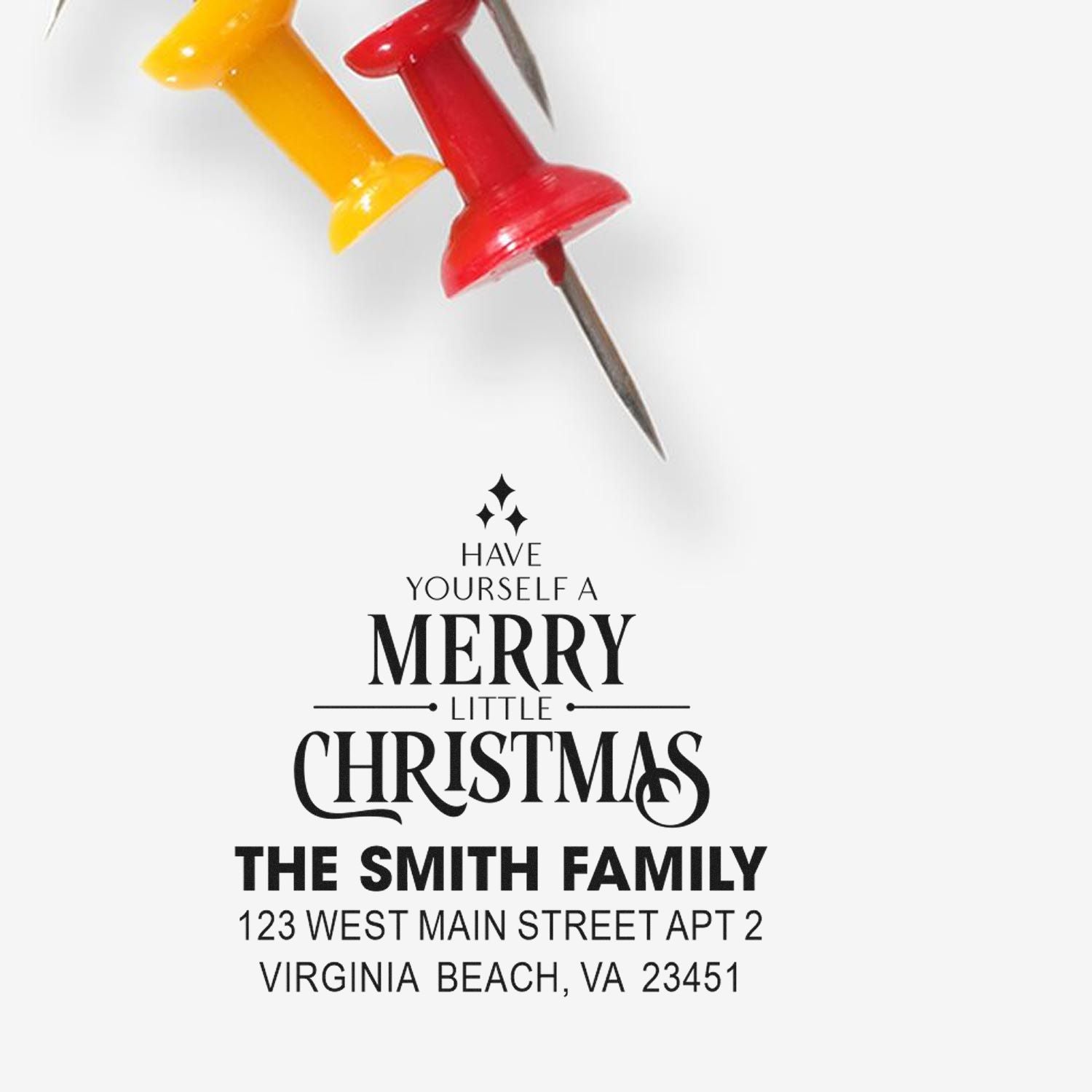 Personalized holiday return address rubber stamp for The Smith Family, Virginia Beach, VA.