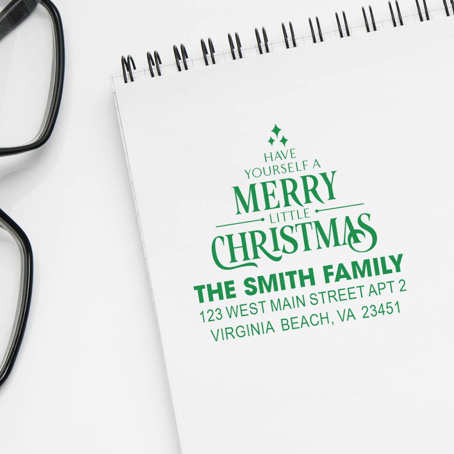 Personalized Christmas address rubber stamp for holiday cards with family name and Have Yourself a Merry Little Christmas message.